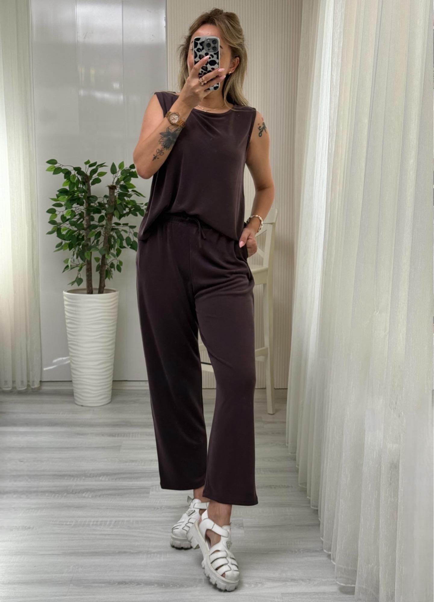 MODAYBUTİKModal Pike Kumaş Acı Kahve Bluz PantolonTakım