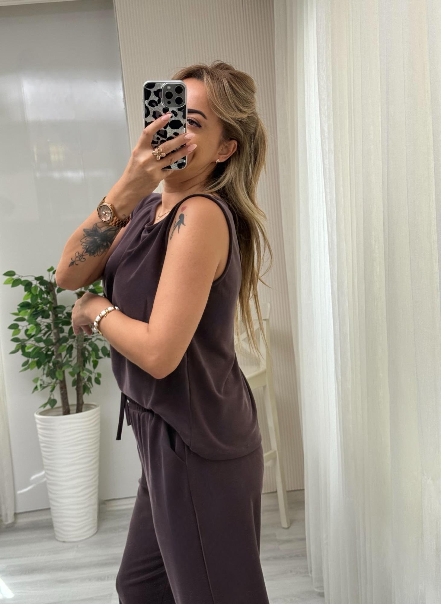 MODAYBUTİKModal Pike Kumaş Acı Kahve Bluz PantolonTakım