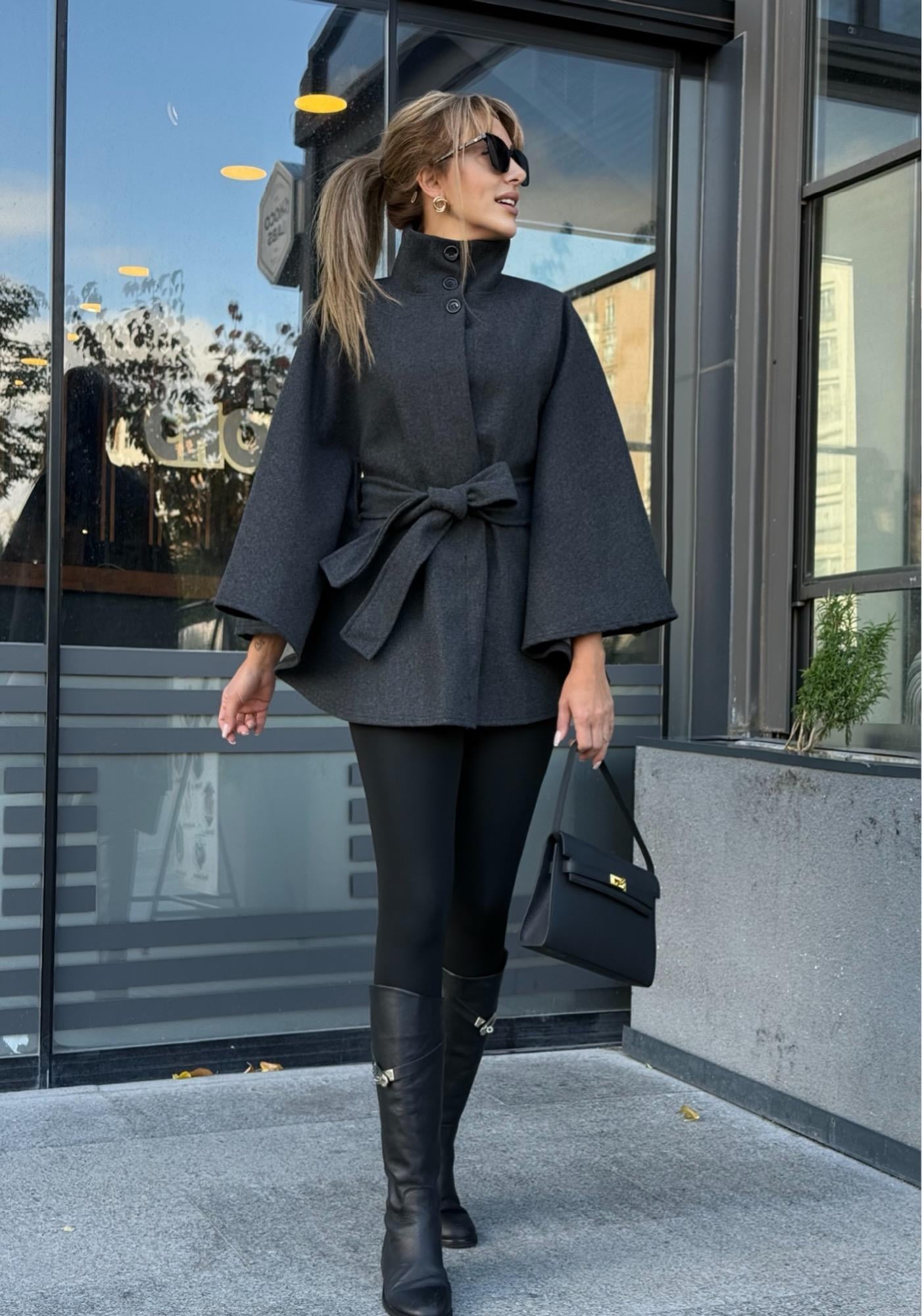 MODAYBUTİKNoble Style Antrasit Kuşaklı Panço