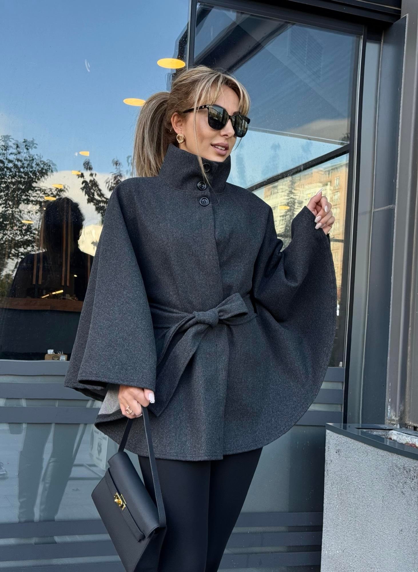 MODAYBUTİKNoble Style Antrasit Kuşaklı Panço