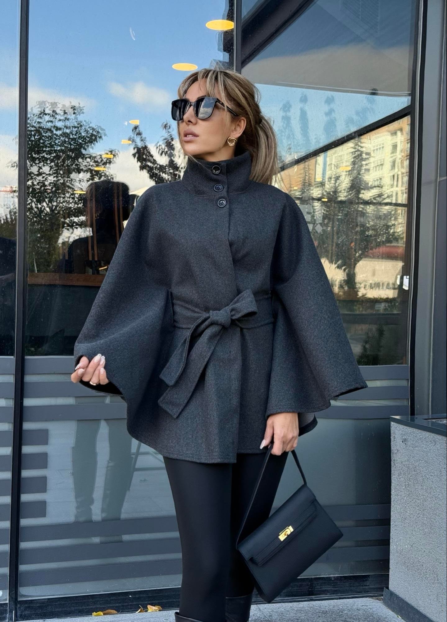 MODAYBUTİKNoble Style Antrasit Kuşaklı Panço