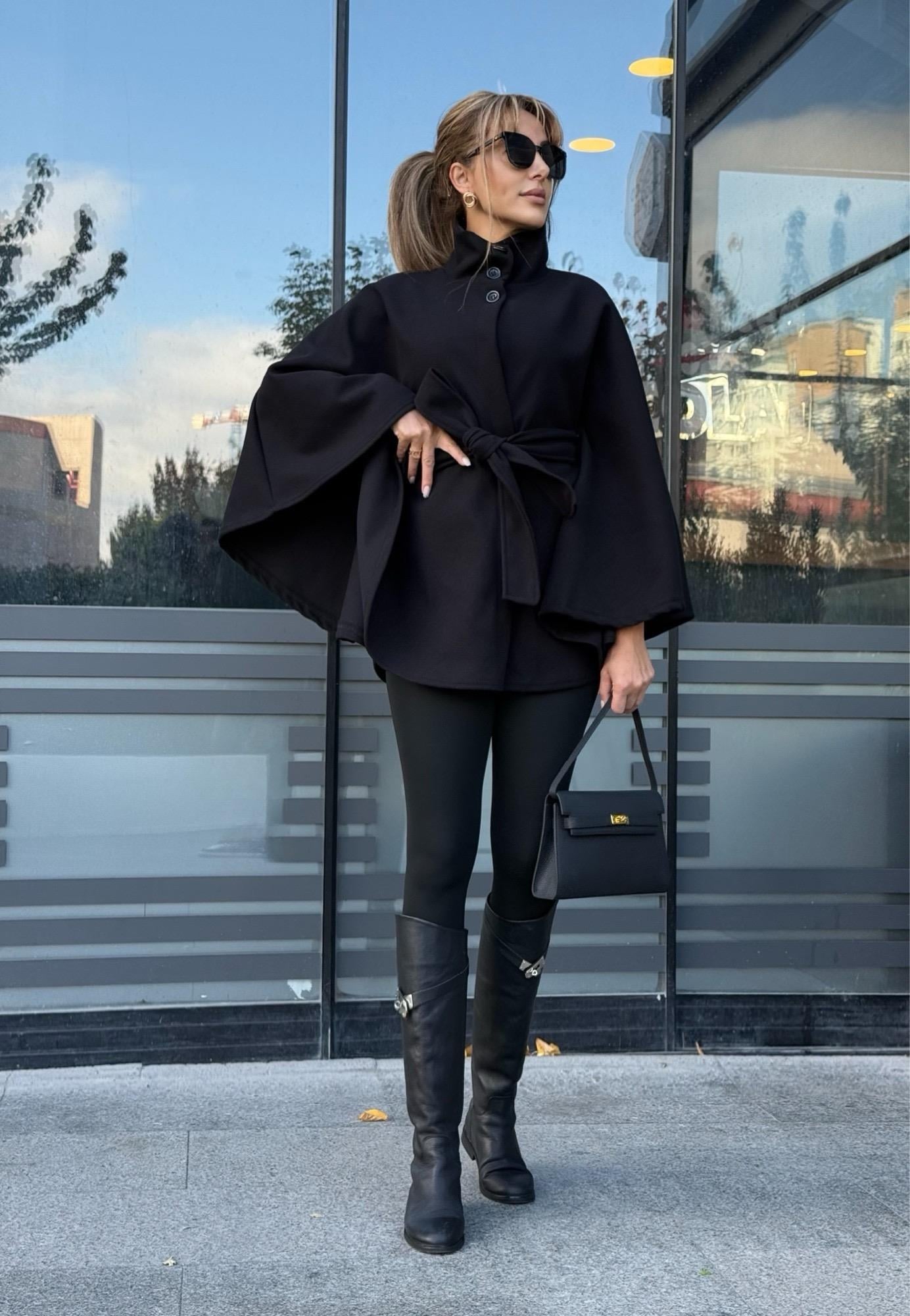 MODAYBUTİKNoble Style Siyah Kuşaklı Panço 