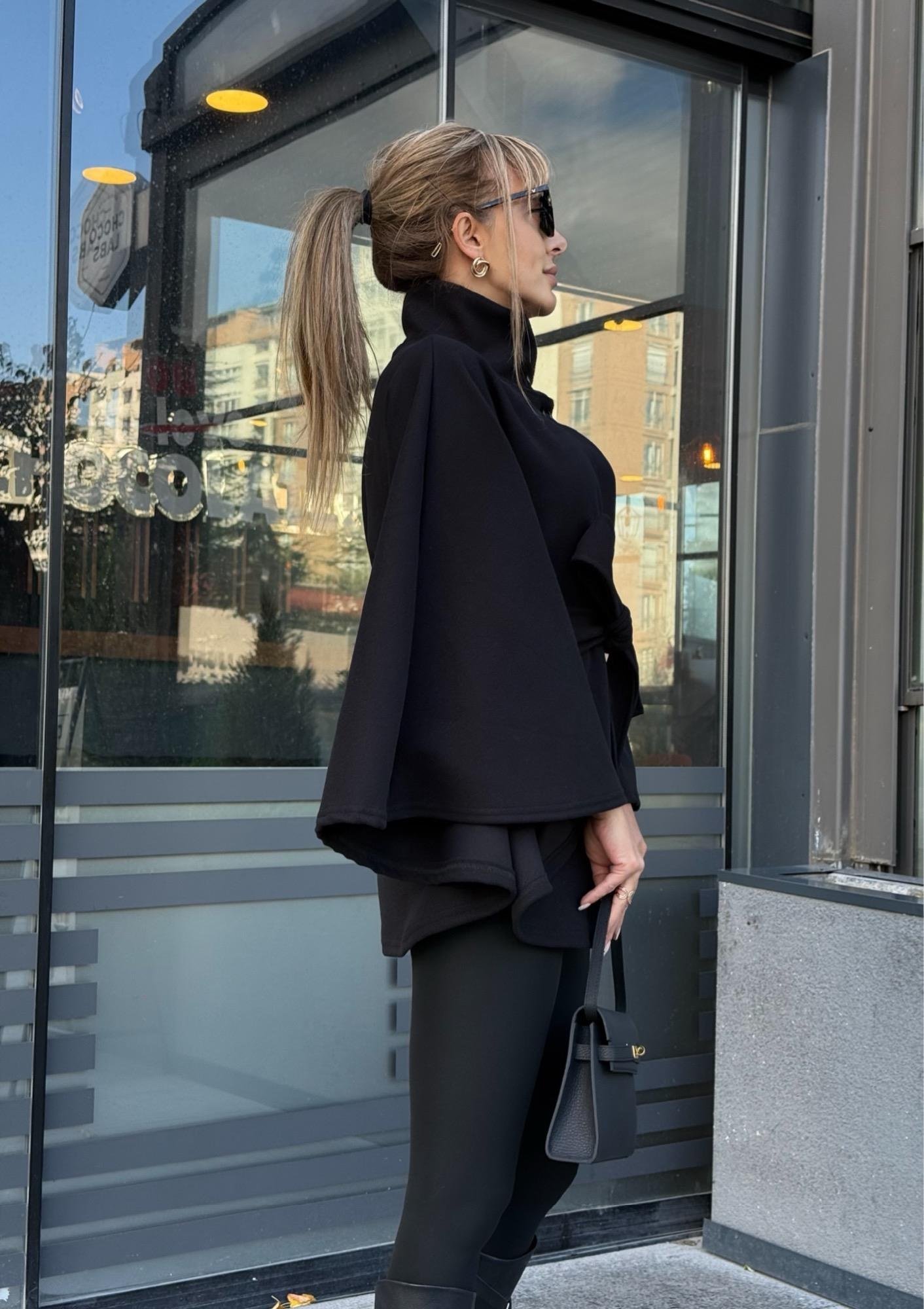 MODAYBUTİKNoble Style Siyah Kuşaklı Panço 
