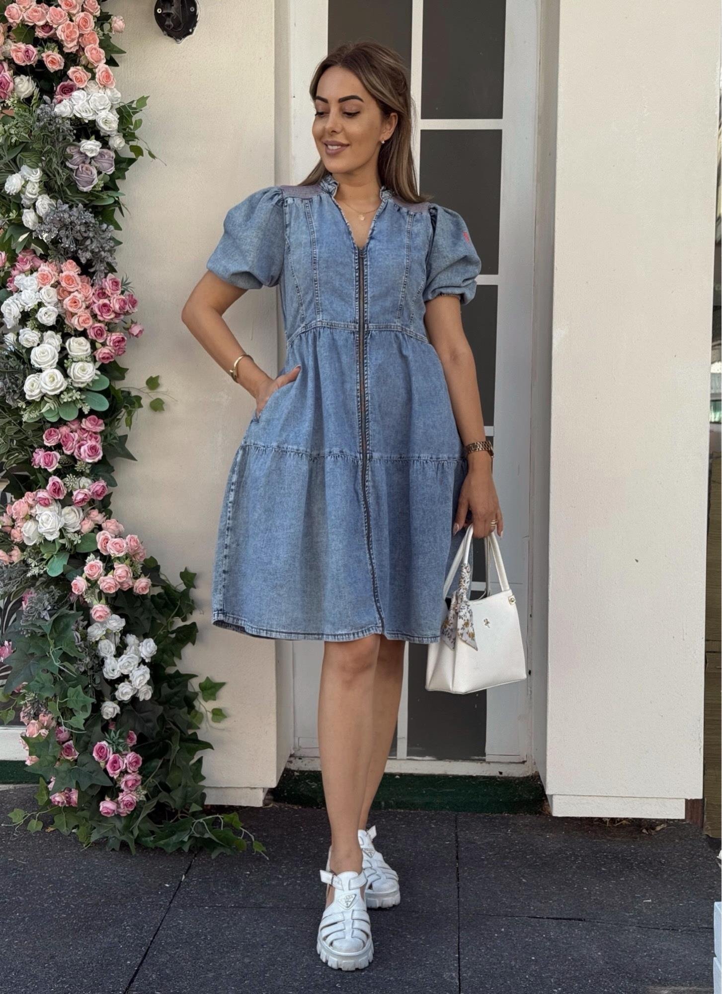 MODAYBUTİKÖnden Fermuarlı Balon Kol Buz Mavisi Denim Elbise