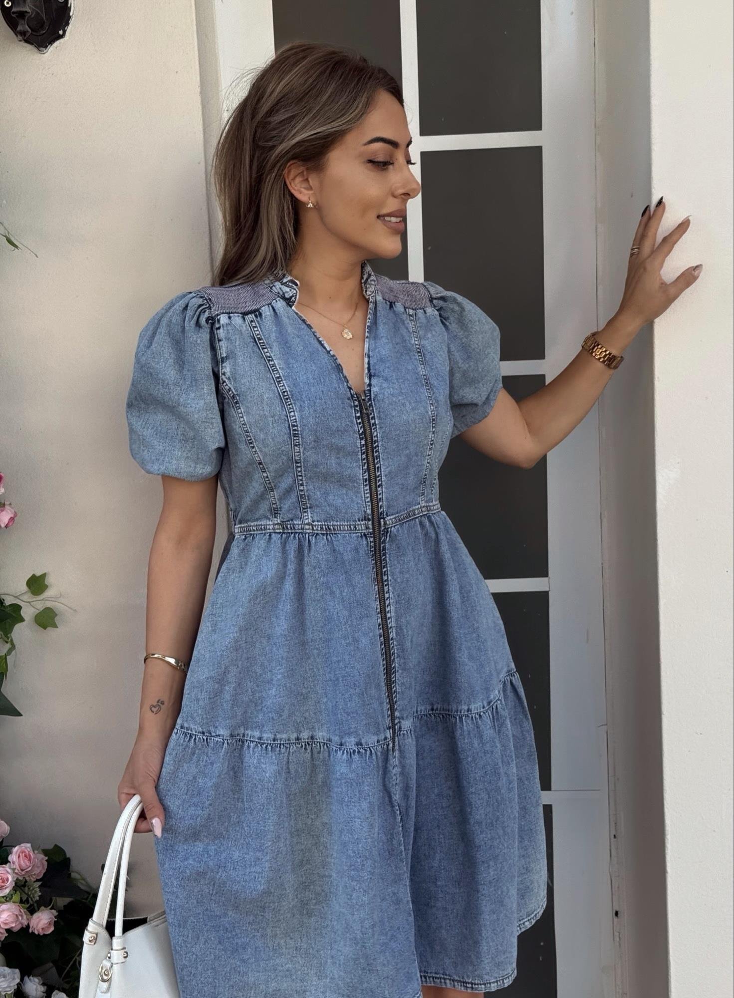 MODAYBUTİKÖnden Fermuarlı Balon Kol Buz Mavisi Denim Elbise