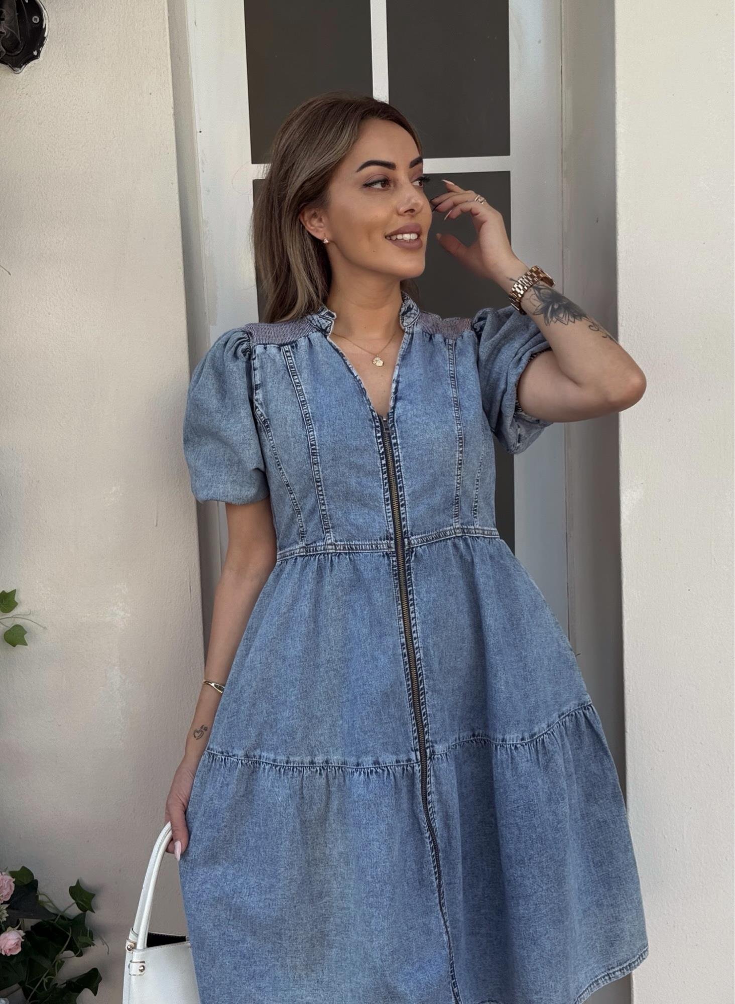 MODAYBUTİKÖnden Fermuarlı Balon Kol Buz Mavisi Denim Elbise