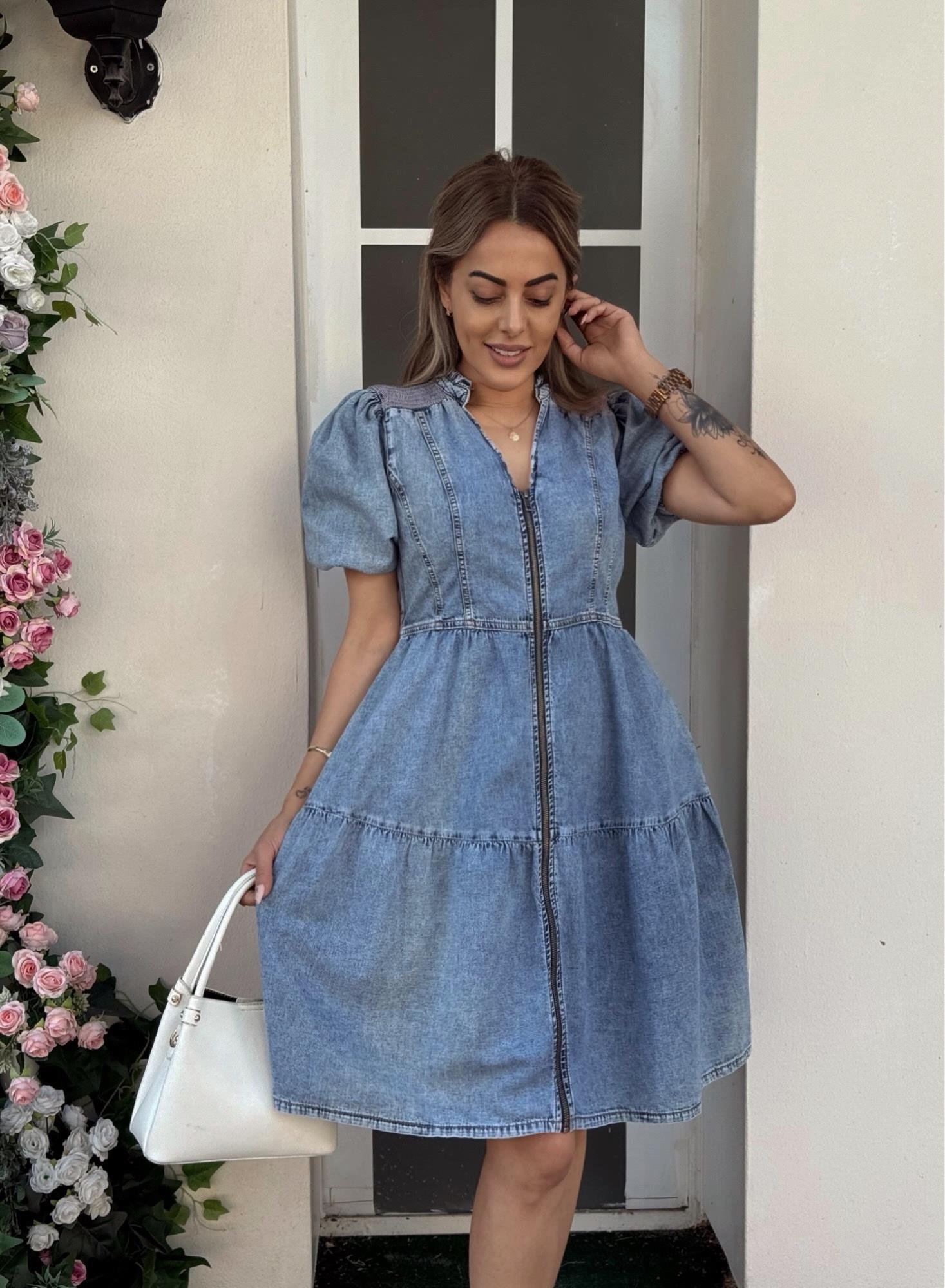 MODAYBUTİKÖnden Fermuarlı Balon Kol Buz Mavisi Denim Elbise