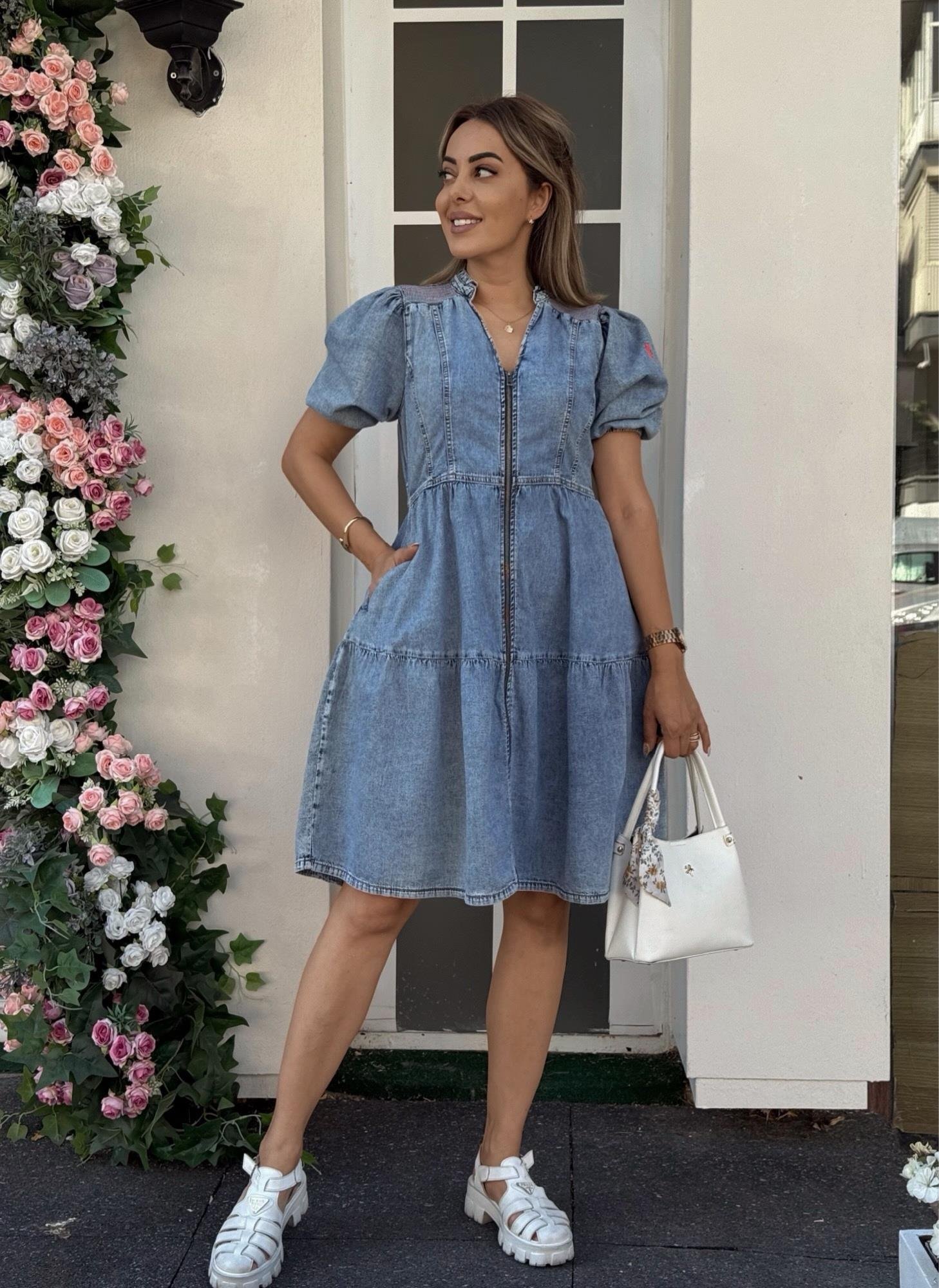 MODAYBUTİKÖnden Fermuarlı Balon Kol Buz Mavisi Denim Elbise