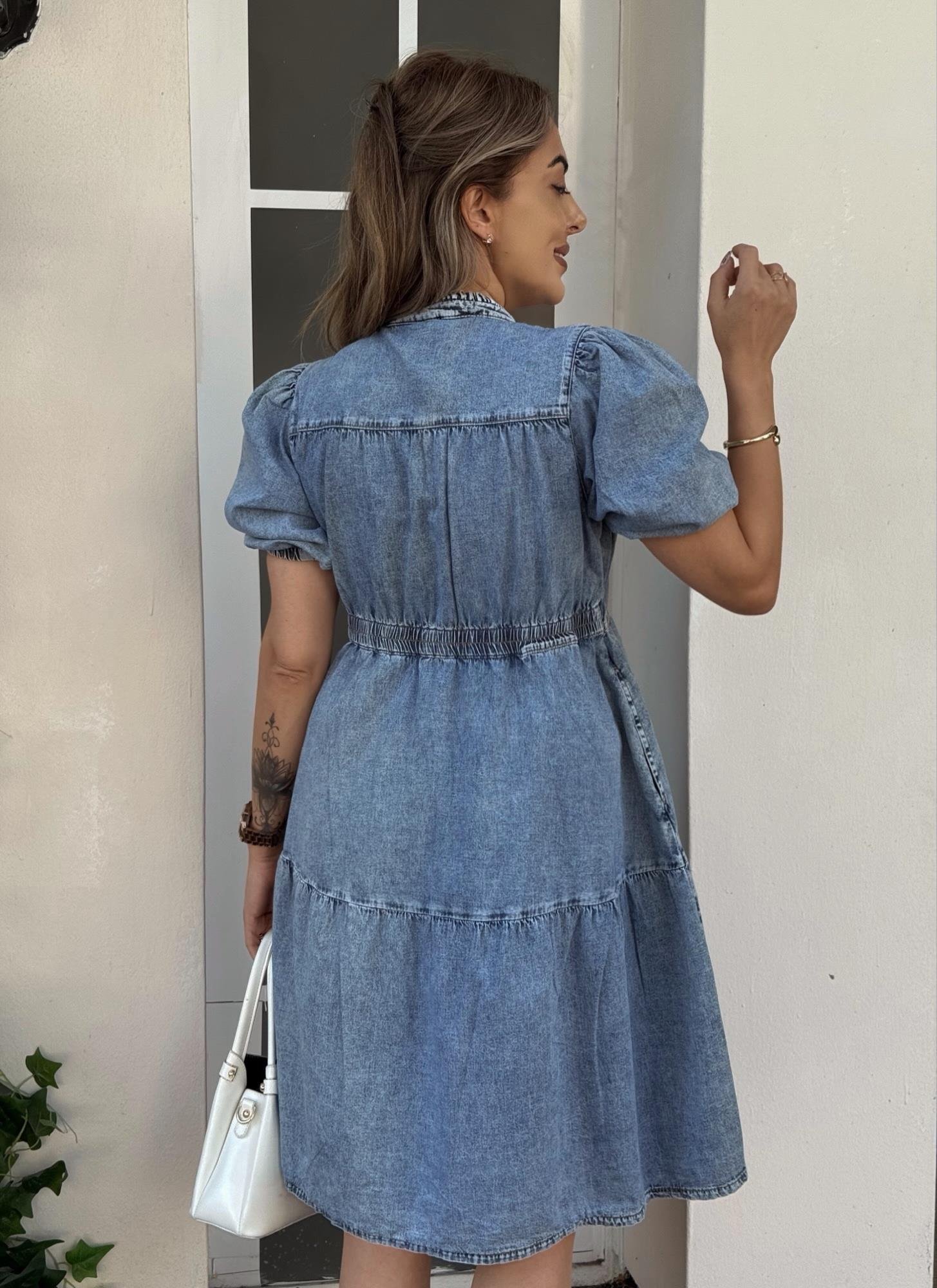 MODAYBUTİKÖnden Fermuarlı Balon Kol Buz Mavisi Denim Elbise