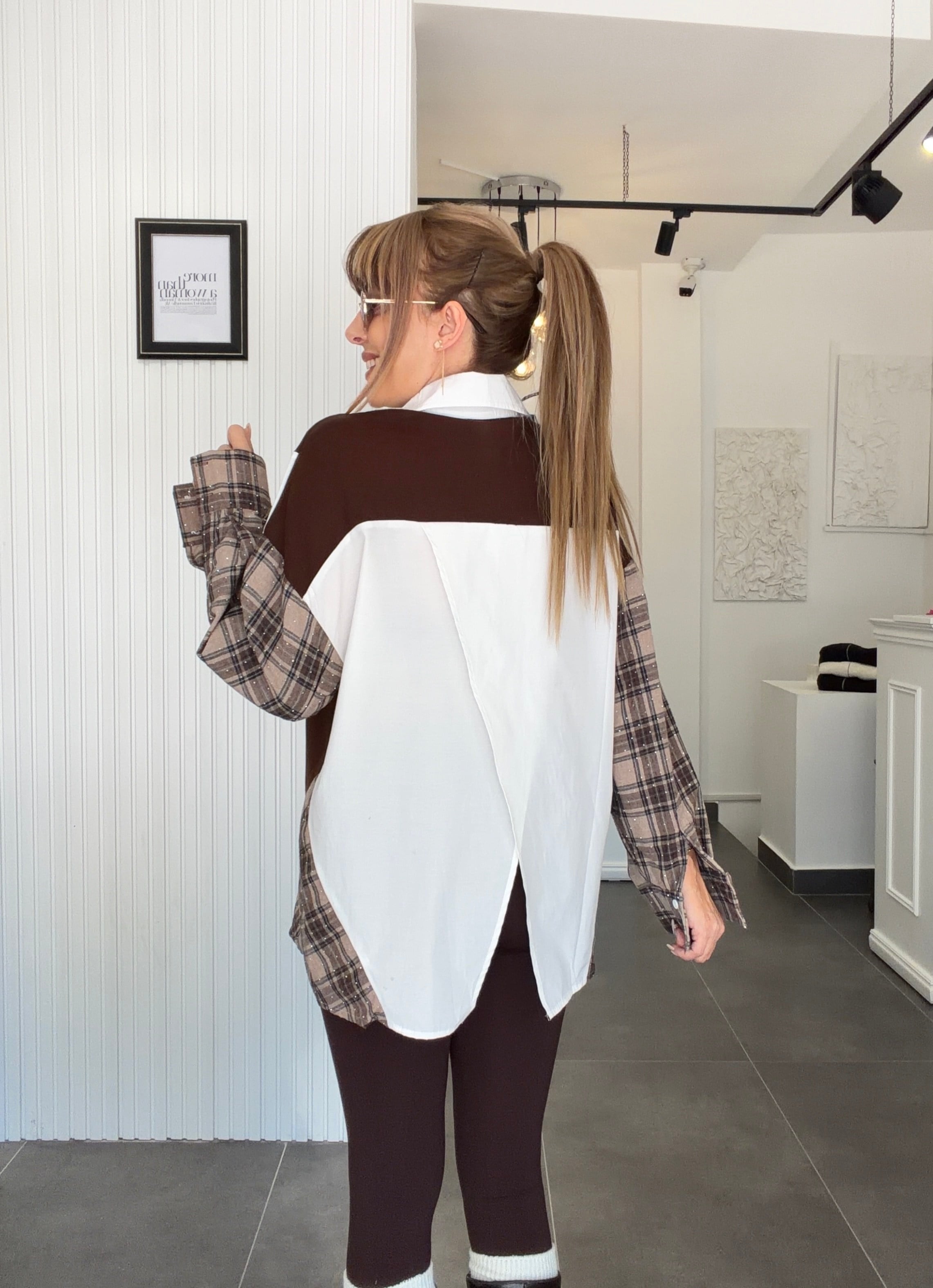 MODAYBUTİKParıltılı Acı Kahve Poplin Örme Tasarım Gömlek 