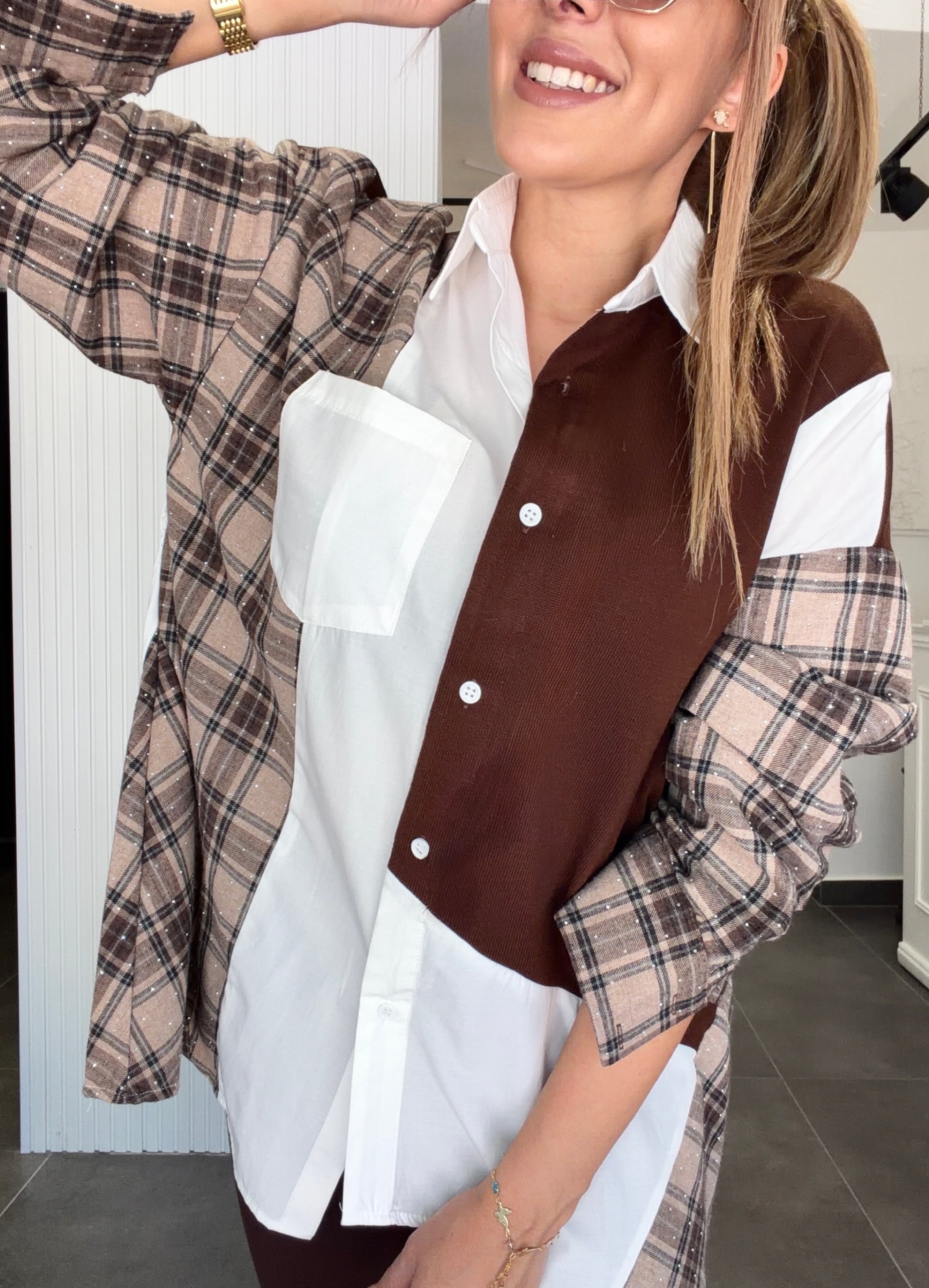 MODAYBUTİKParıltılı Acı Kahve Poplin Örme Tasarım Gömlek 