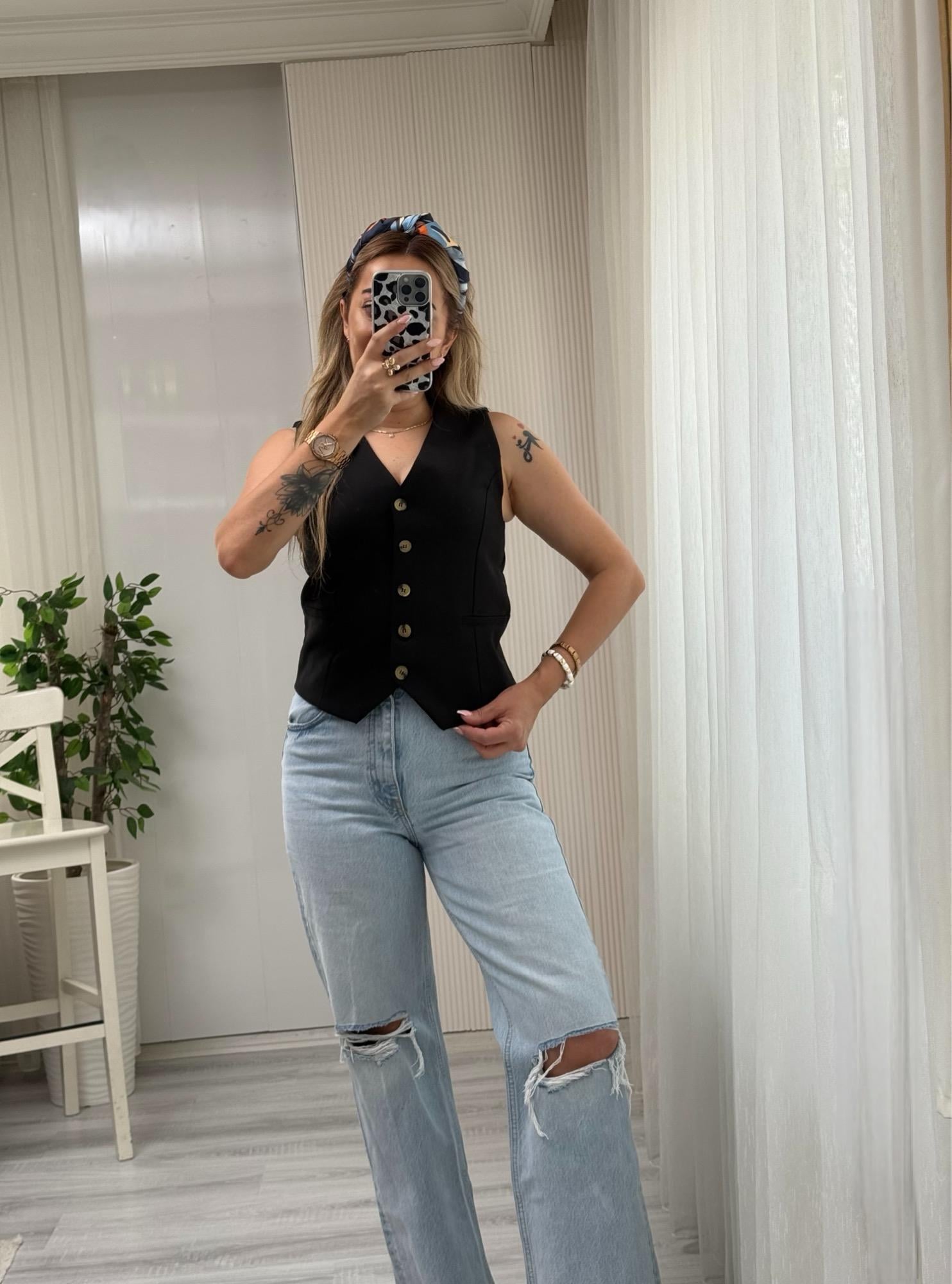 MODAYBUTİKPremium Double Atlas Kumaş Siyah Yelek 