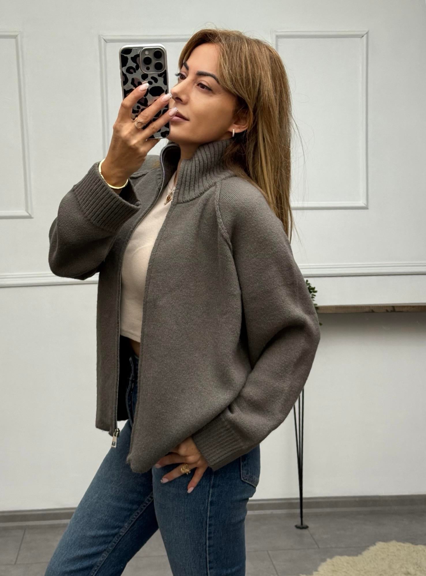 MODAYBUTİKPremium Fermuarlı Dik Yaka Füme Triko Hırka  