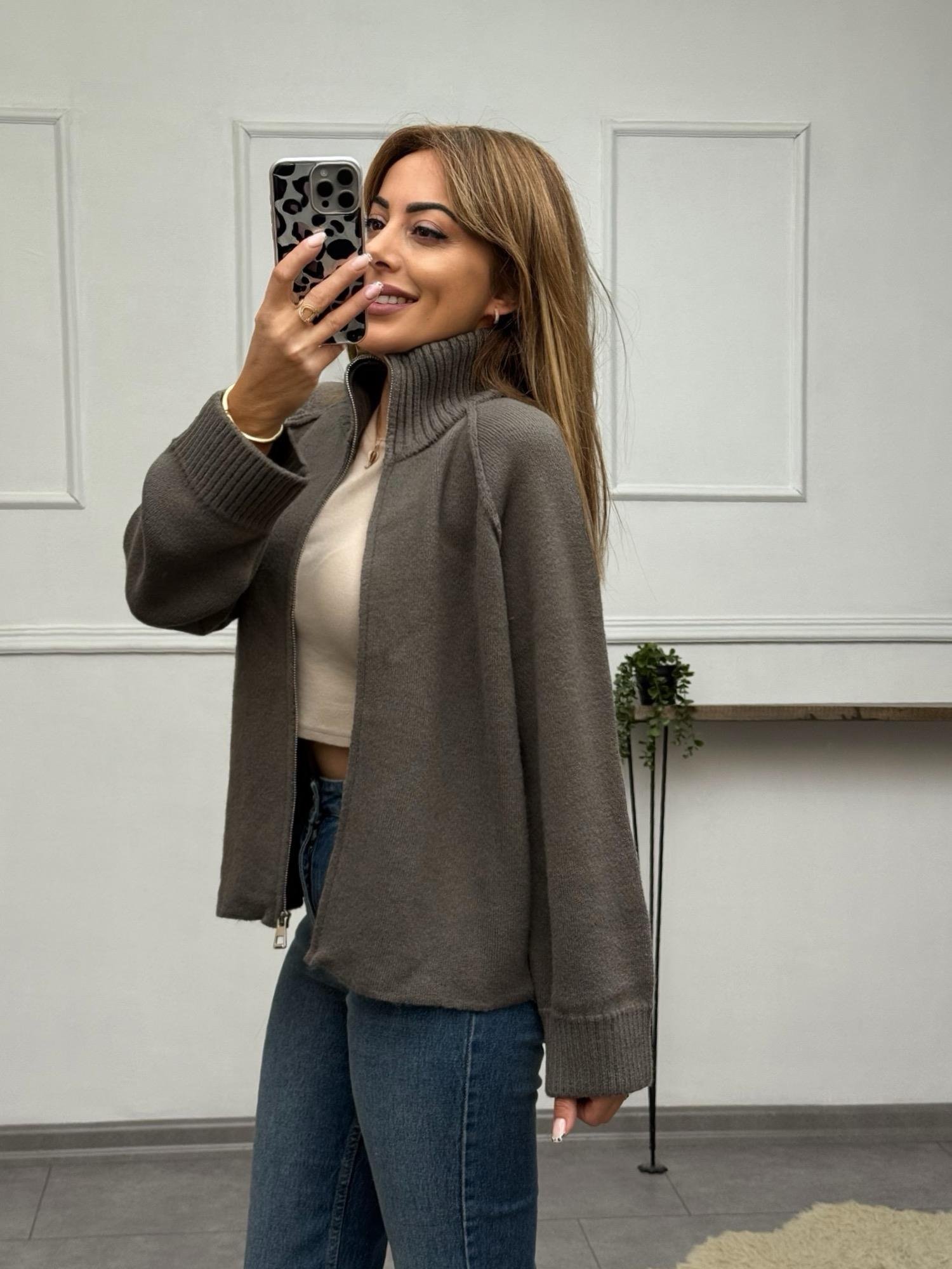 MODAYBUTİKPremium Fermuarlı Dik Yaka Füme Triko Hırka  