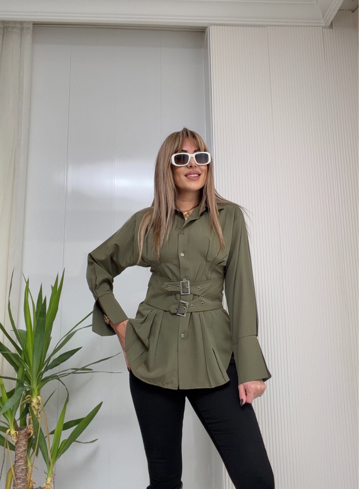 MODAYBUTİKPremium Haki Kemer Detaylı Poplin Gömlek 