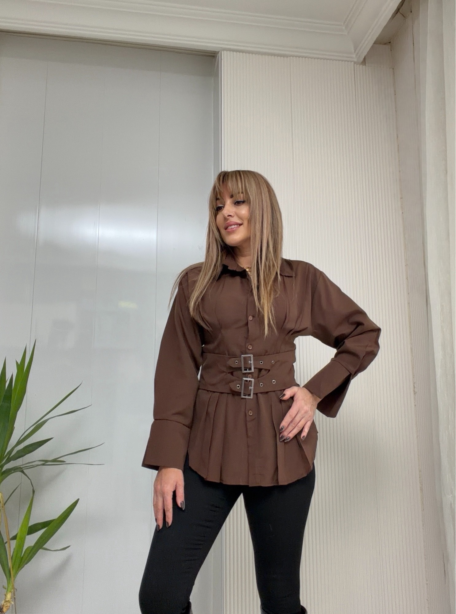 MODAYBUTİKPremium Kahve Kemer Detaylı Poplin Gömlek 