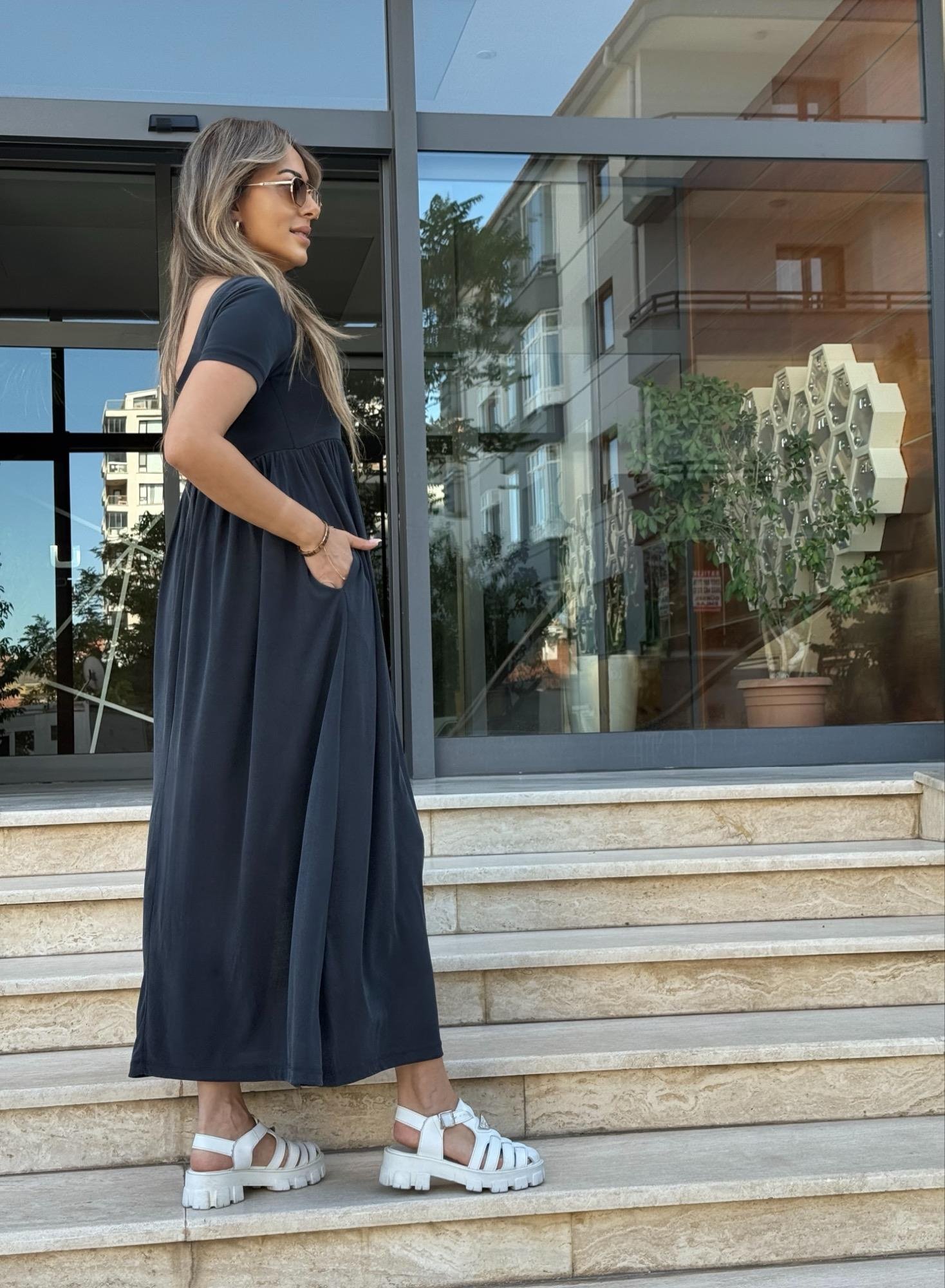 MODAYBUTİKPremium Ön Arka U Yaka Antrasit Modal Yırtmaçlı Elbise