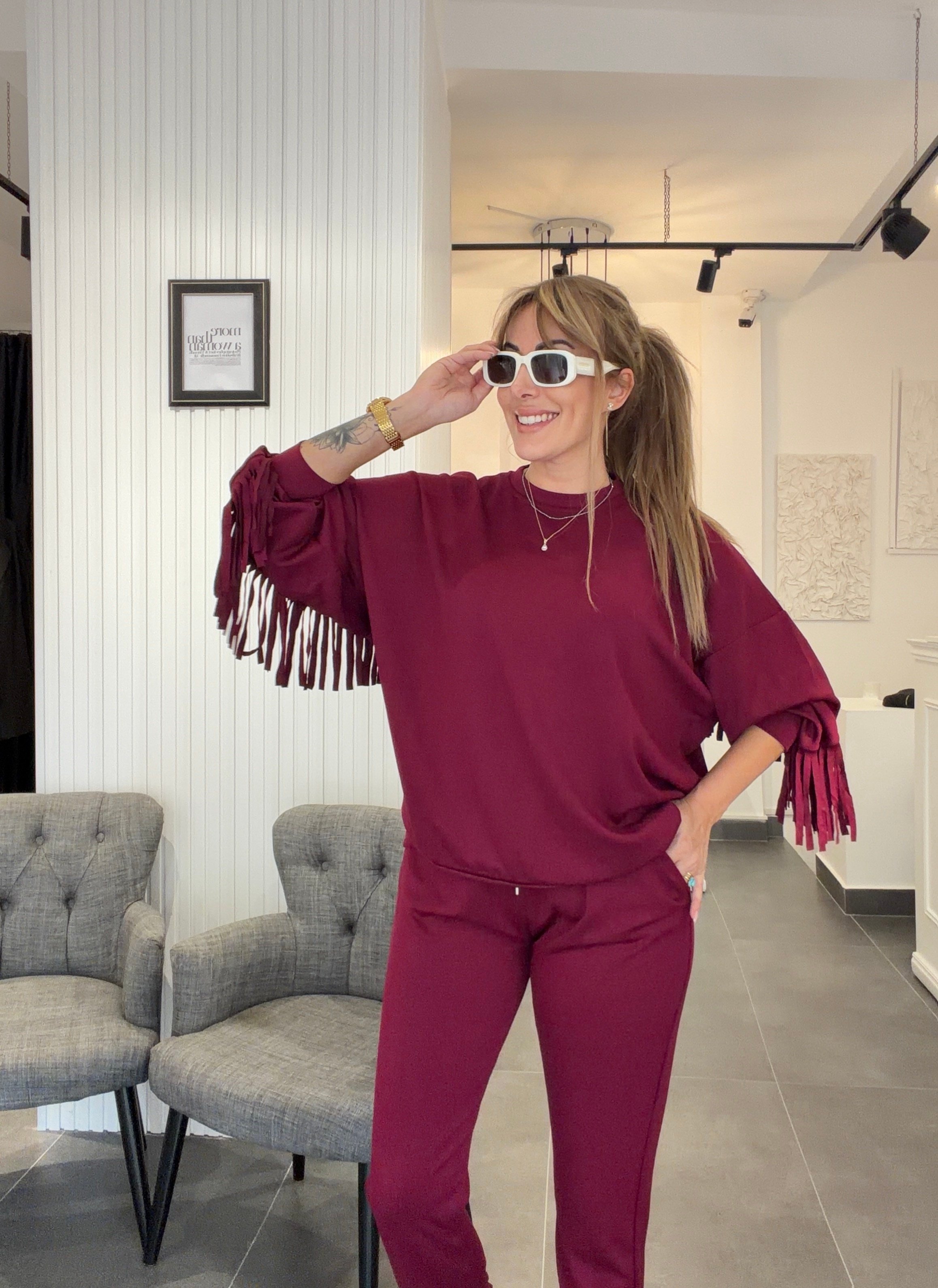 MODAYBUTİKPüskül Detaylı Modal Bordo Eşofman Takımı