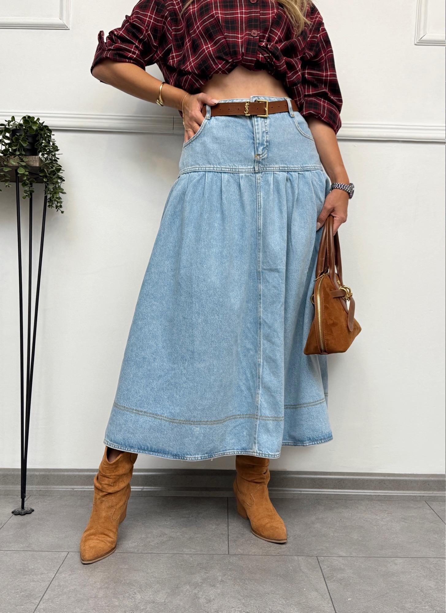 MODAYBUTİKRetro Denim A Form Buz Mavisi Uzun Etek