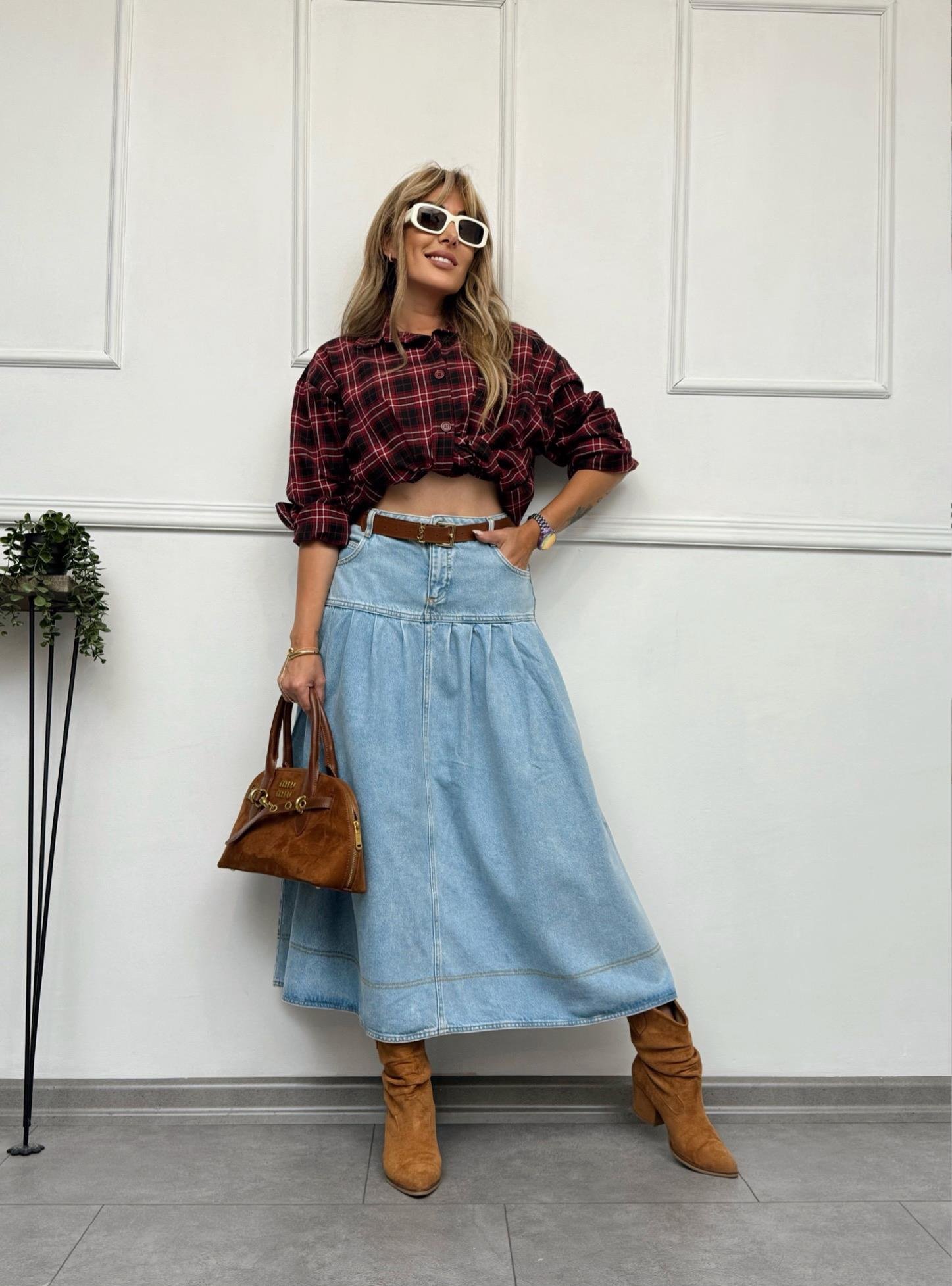 MODAYBUTİKRetro Denim A Form Buz Mavisi Uzun Etek