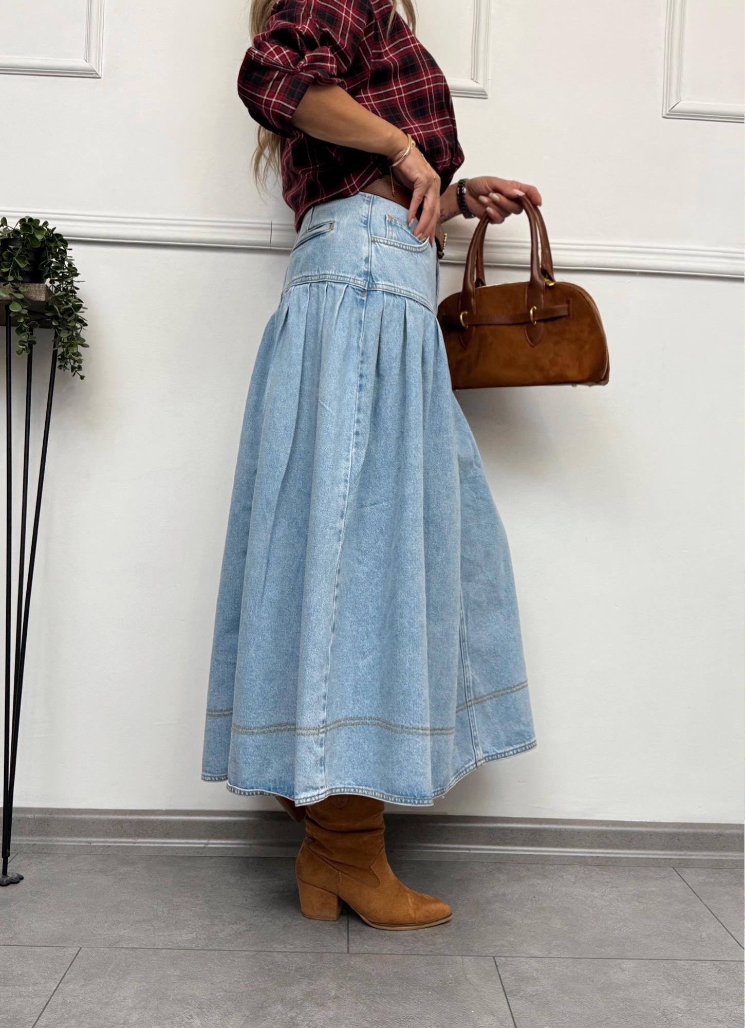 MODAYBUTİKRetro Denim A Form Buz Mavisi Uzun Etek