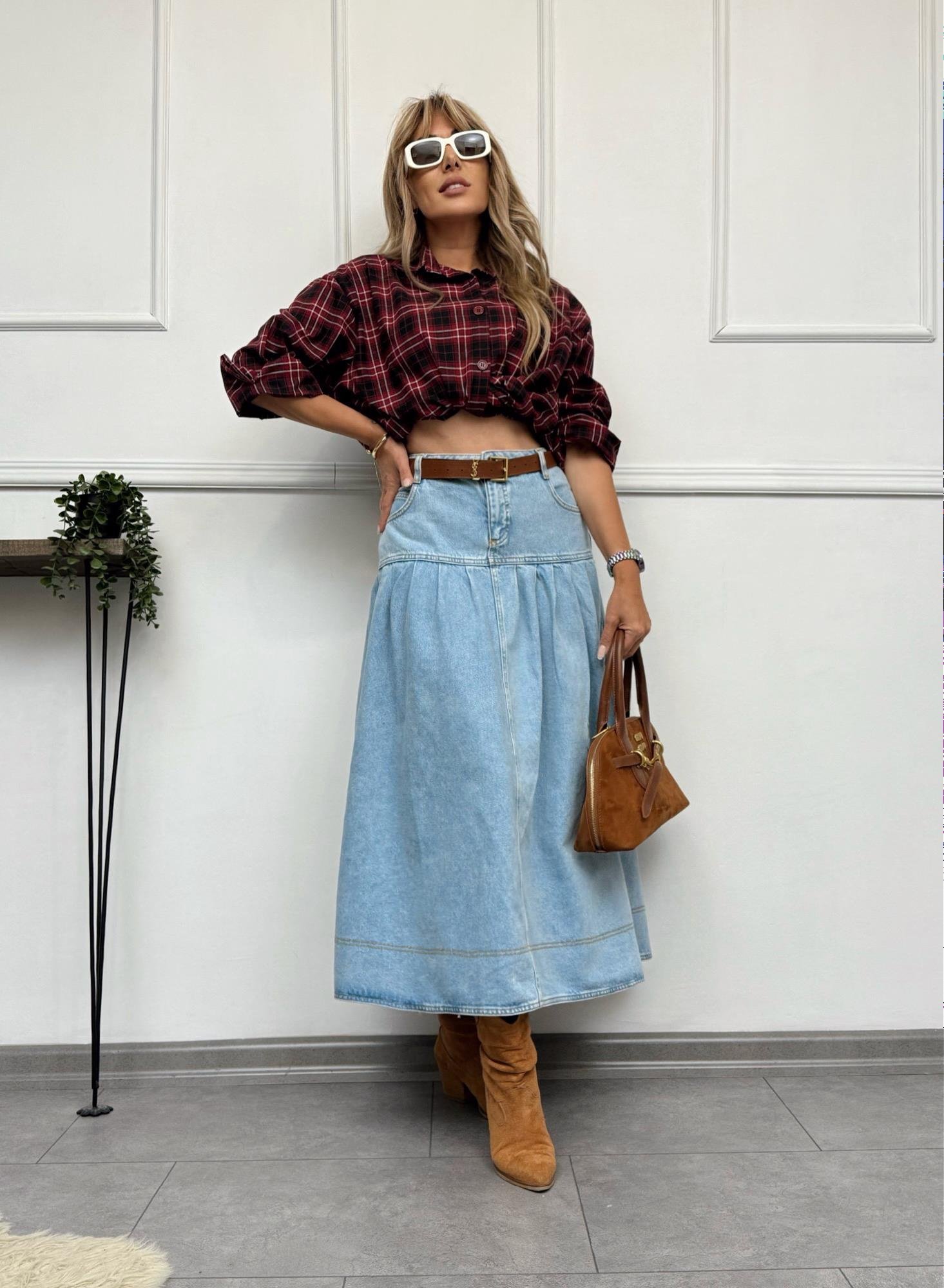 MODAYBUTİKRetro Denim A Form Buz Mavisi Uzun Etek