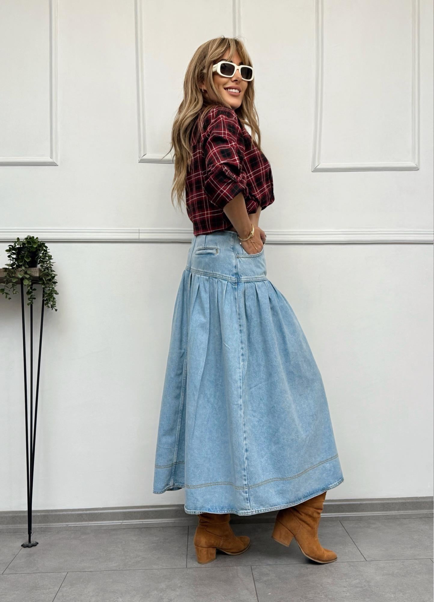 MODAYBUTİKRetro Denim A Form Buz Mavisi Uzun Etek