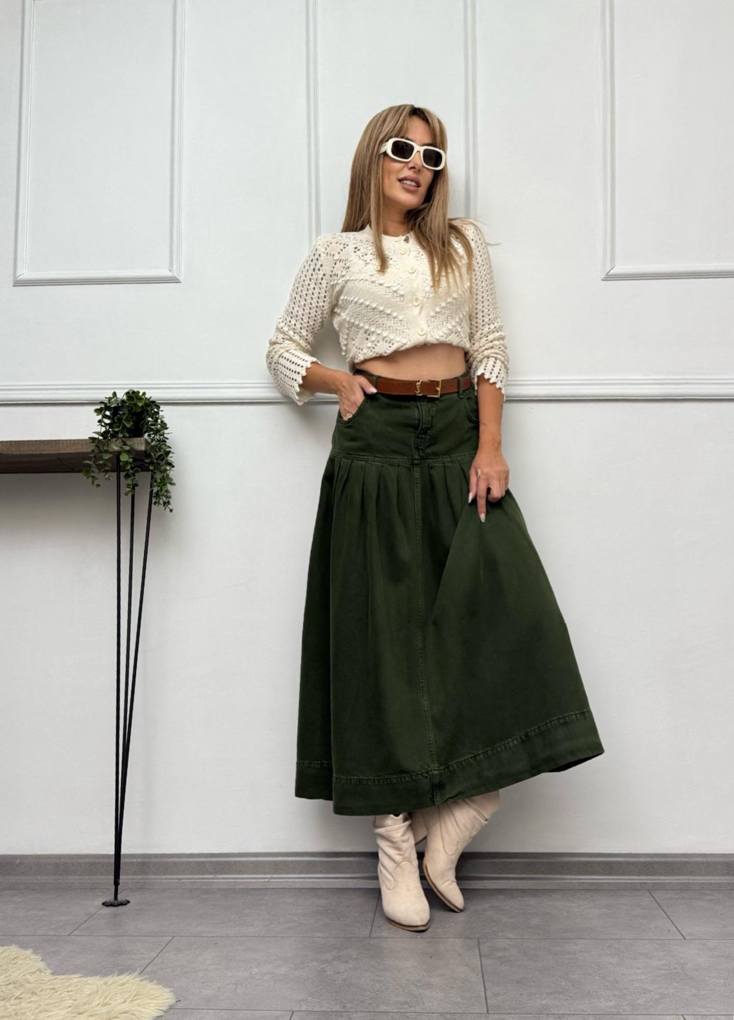 MODAYBUTİKRetro Denim A Form Yeşil Uzun Etek