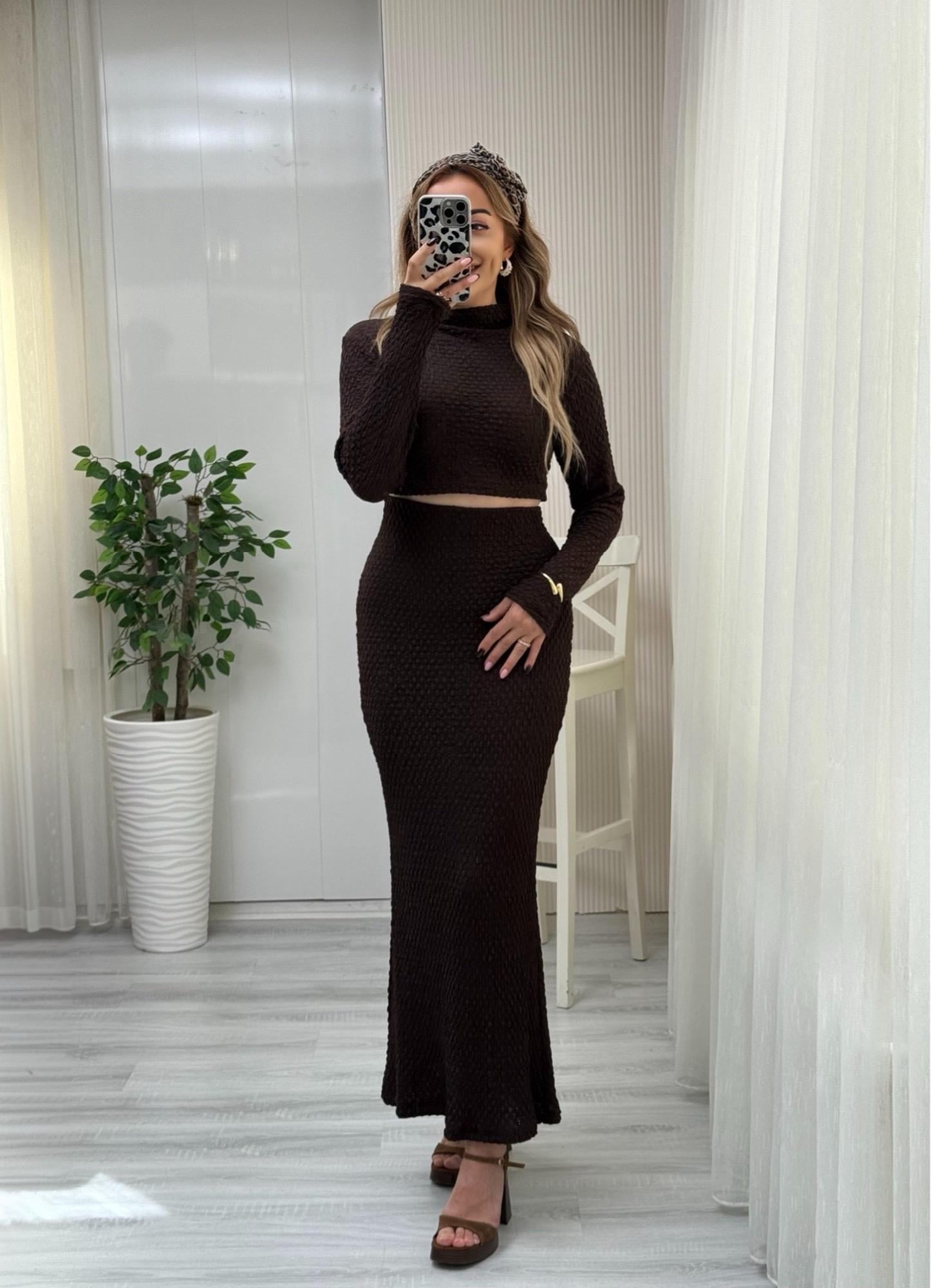 MODAYBUTİKSafir Dokulu Acı Kahve Maxi Etek Takım