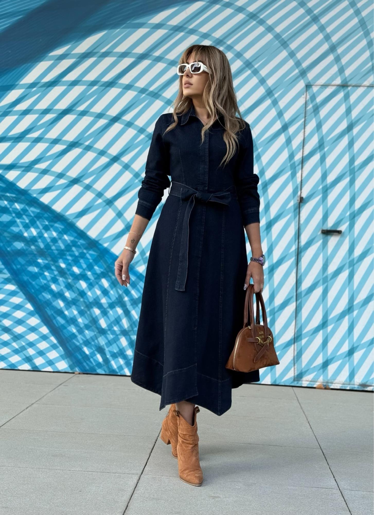 MODAYBUTİKSafir Mavi Kuşaklı Denim Elbise