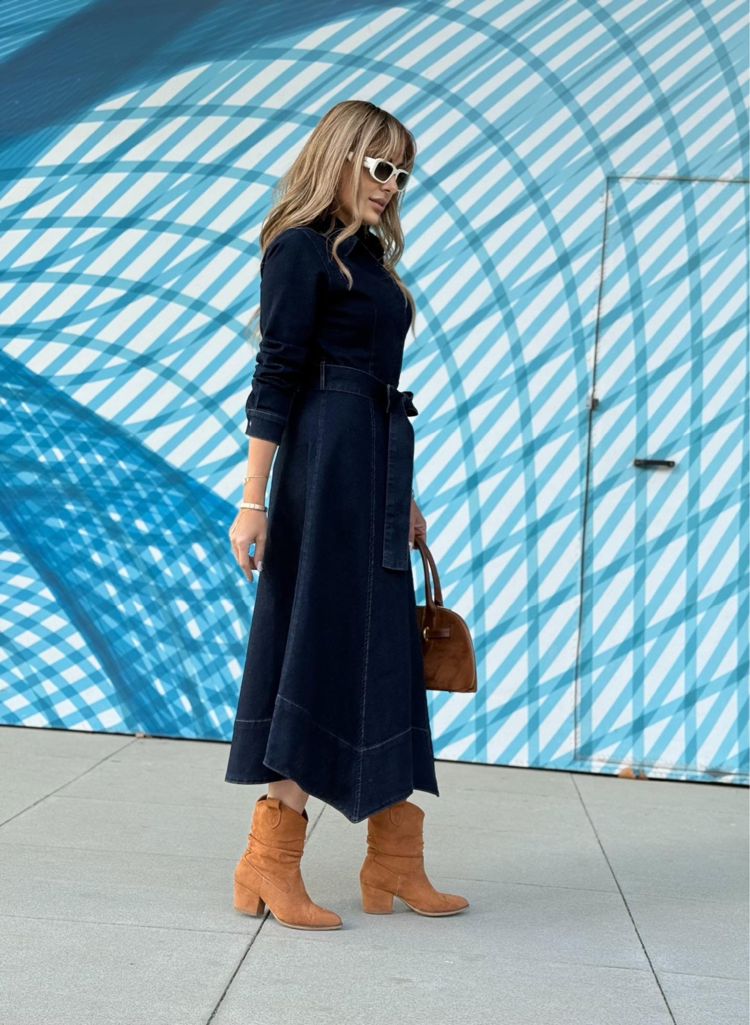 MODAYBUTİKSafir Mavi Kuşaklı Denim Elbise