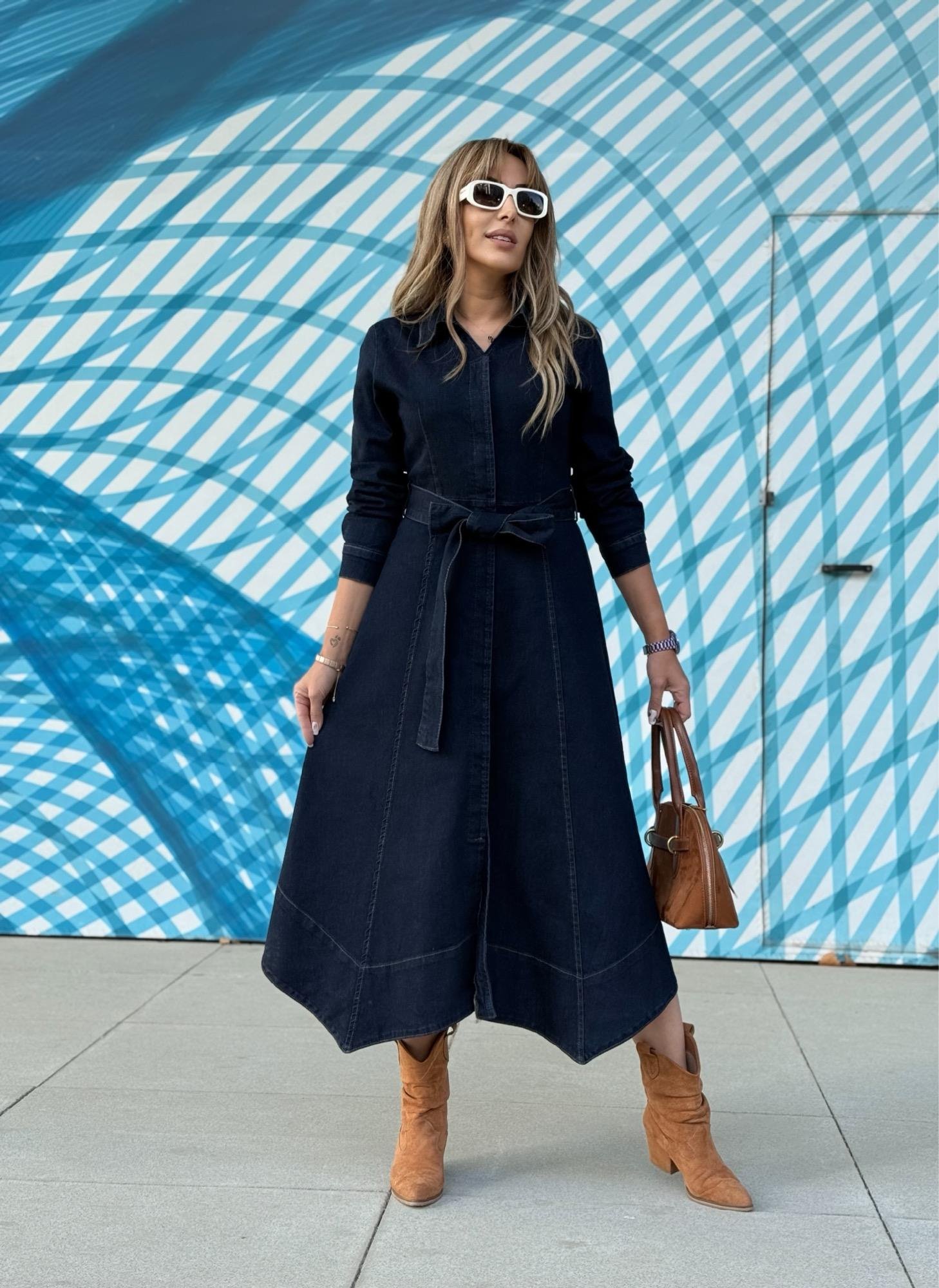 MODAYBUTİKSafir Mavi Kuşaklı Denim Elbise