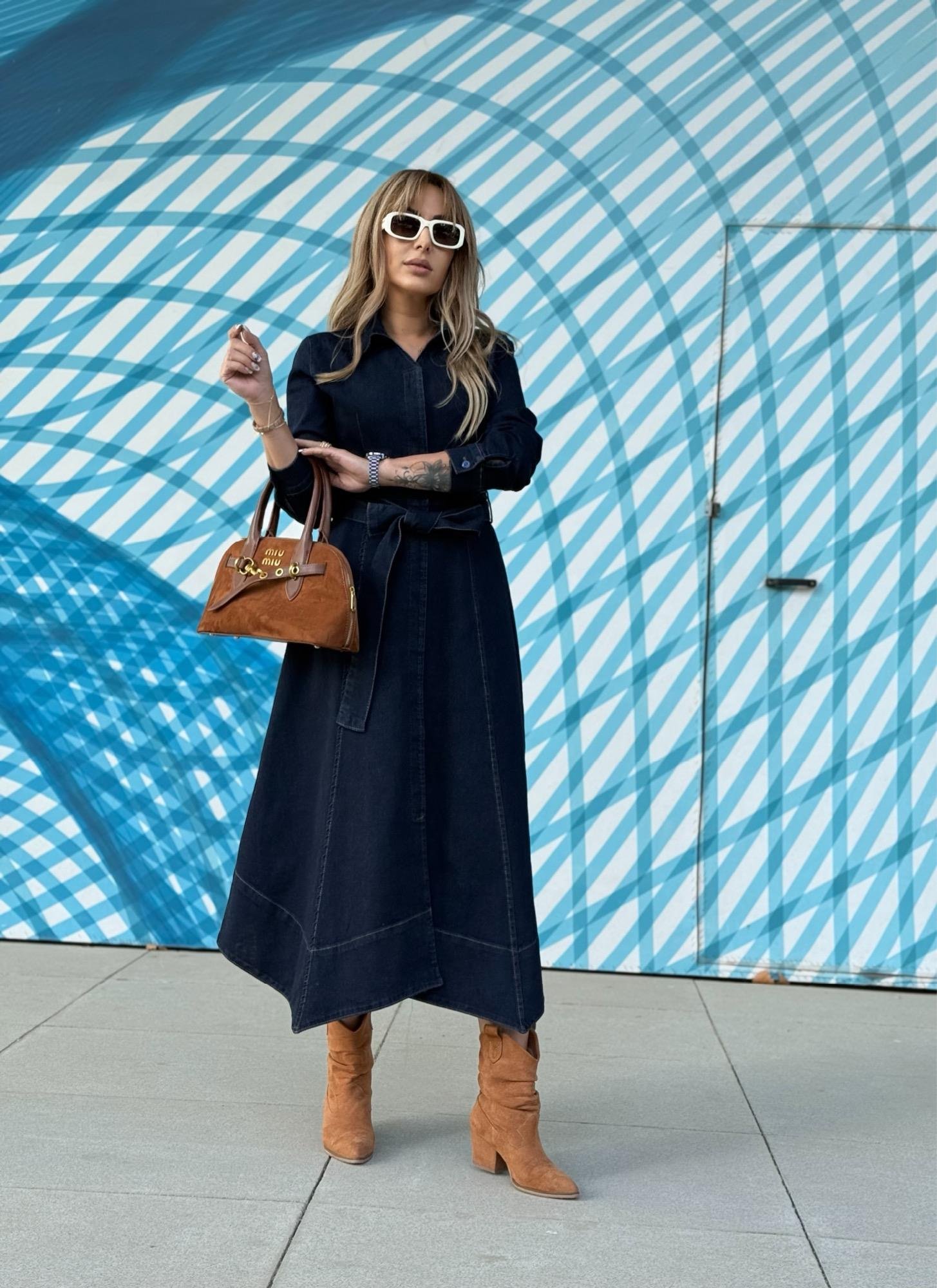 MODAYBUTİKSafir Mavi Kuşaklı Denim Elbise