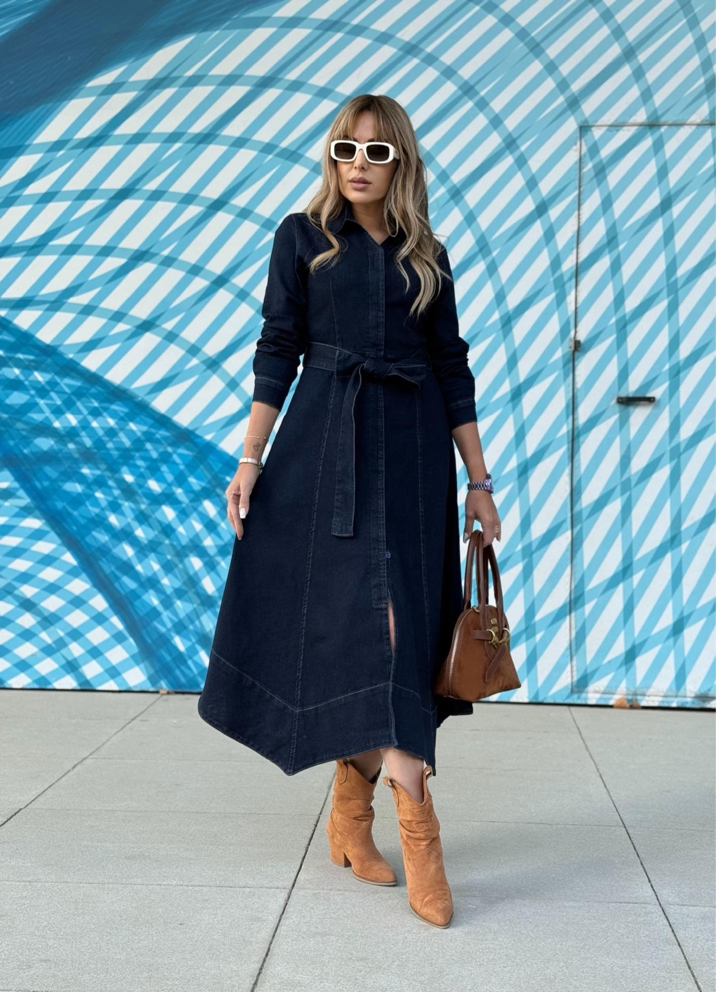 MODAYBUTİKSafir Mavi Kuşaklı Denim Elbise