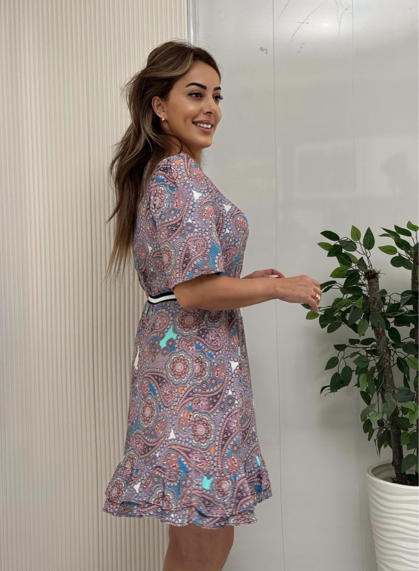 MODAYBUTİKŞal Desen V Yaka Elbise