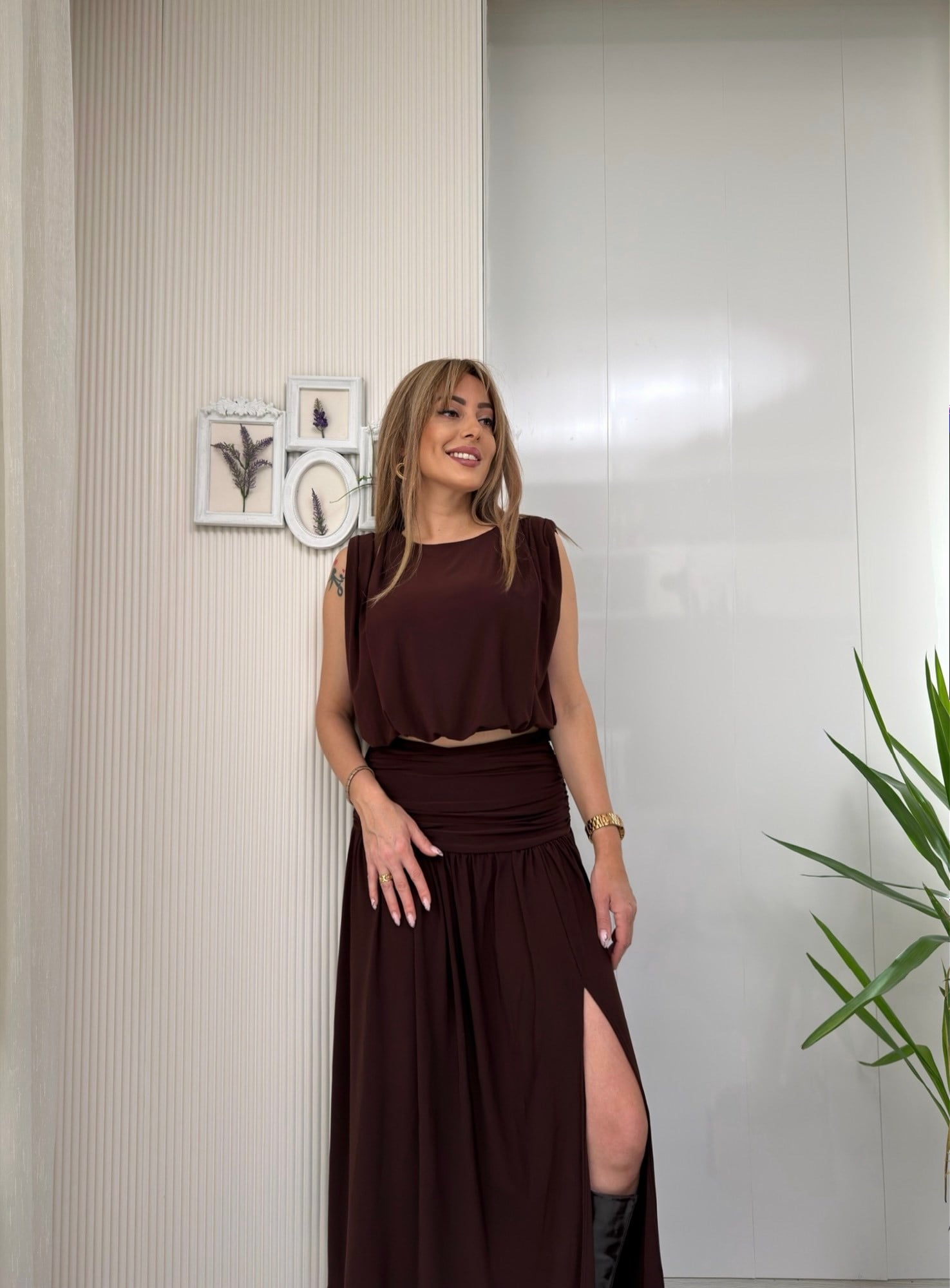 MODAYBUTİKScarlet Yırtmaç Detaylı Acı Kahve İkili Takım 