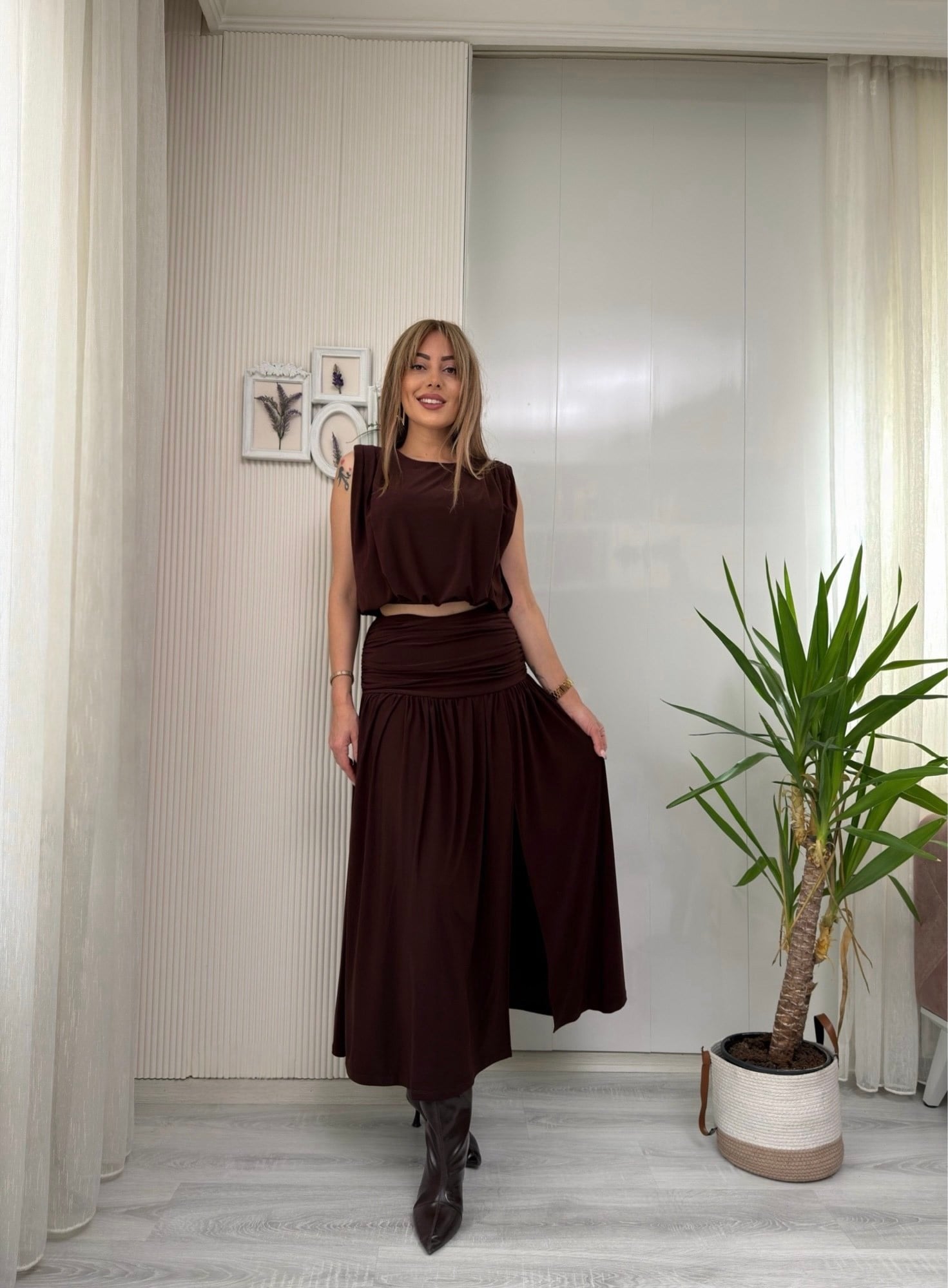 MODAYBUTİKScarlet Yırtmaç Detaylı Acı Kahve İkili Takım 