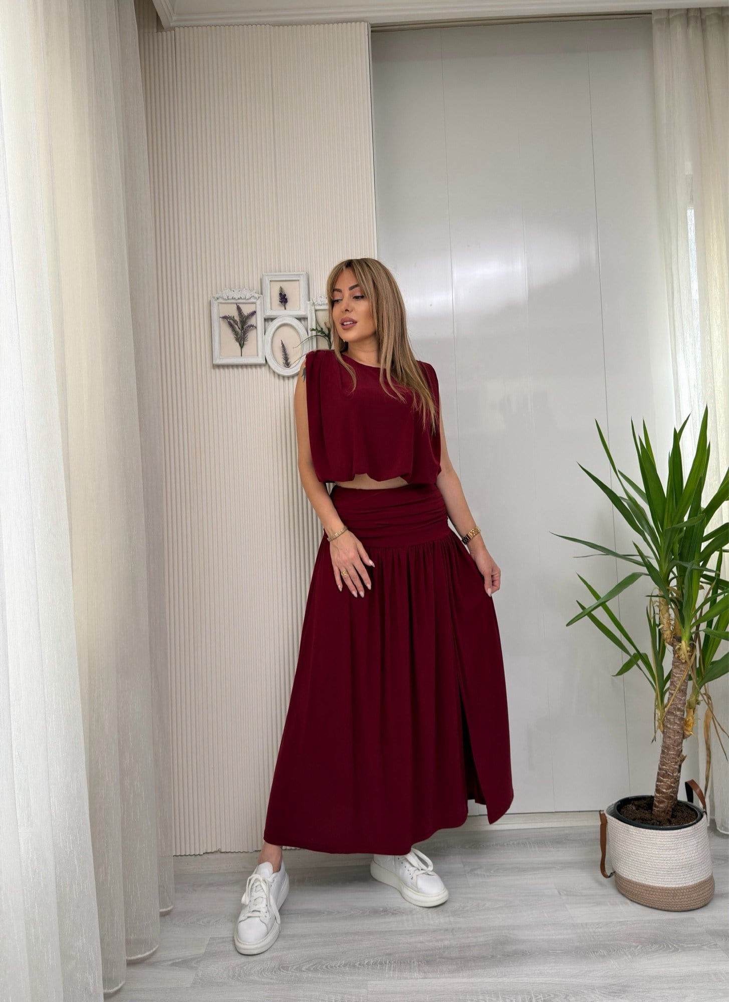 MODAYBUTİKScarlet Yırtmaç Detaylı Bordo İkili Takım 