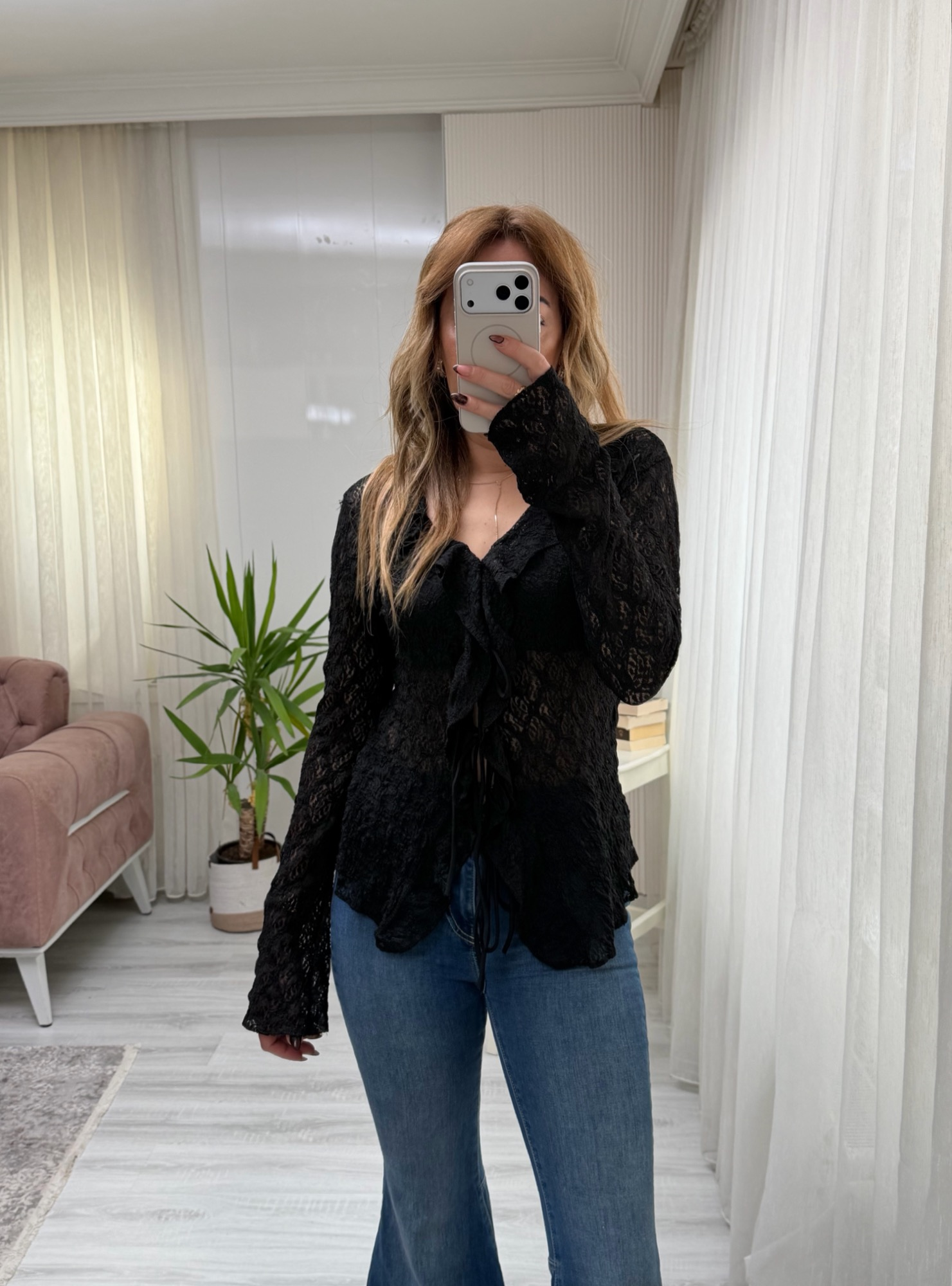 MODAYBUTİKSiyah Dantel Bağlamalı Bluz 