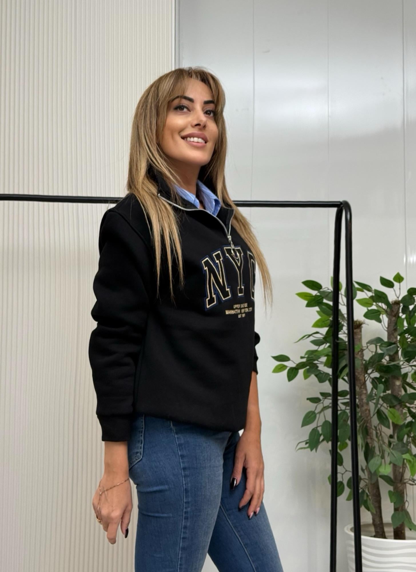 MODAYBUTİKSiyah Lüks Baskılı Dik Yaka Sweatshirt