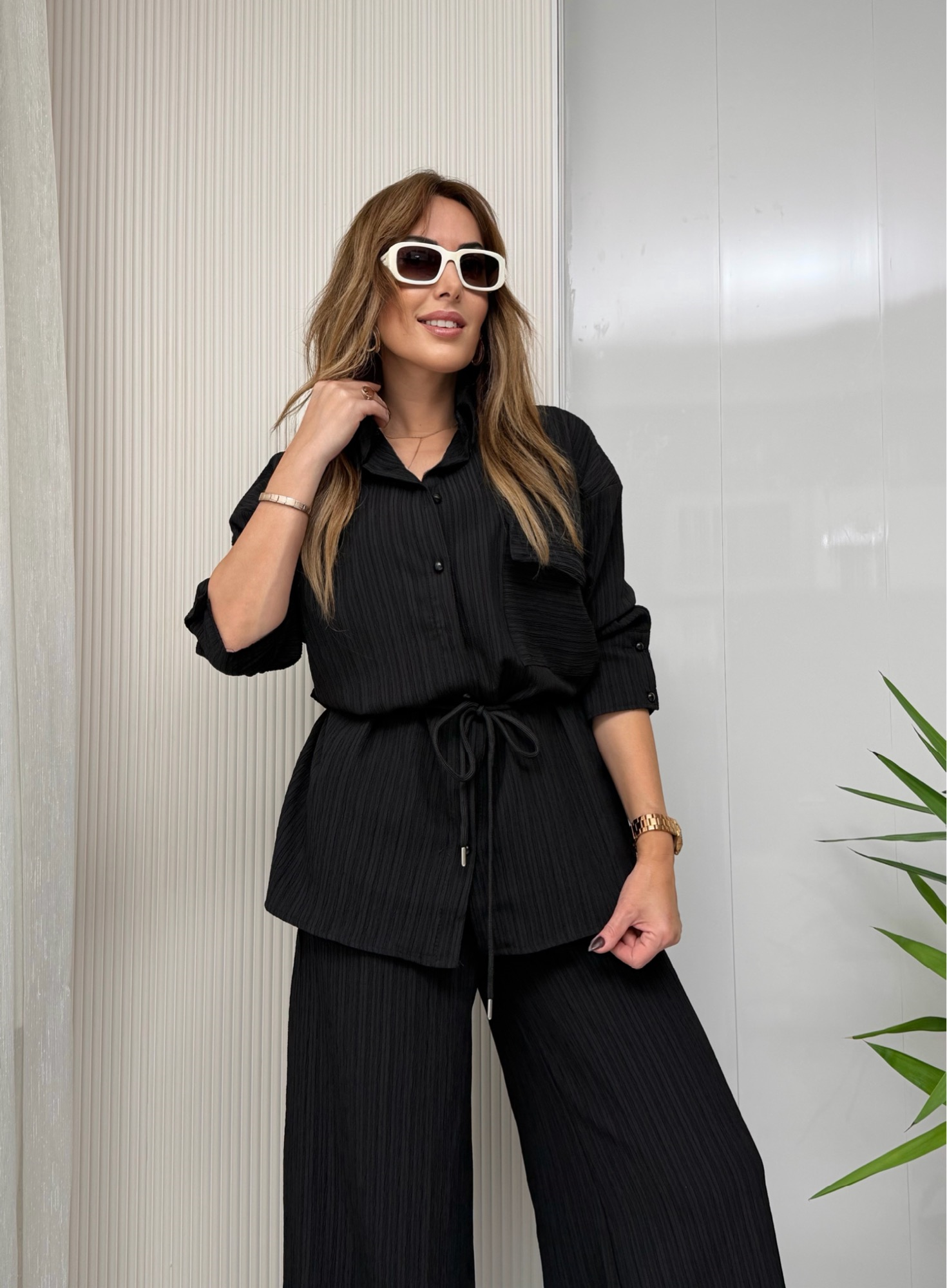 MODAYBUTİKSiyah Relax Fit Gömlek Pantolon Dokulu Takım