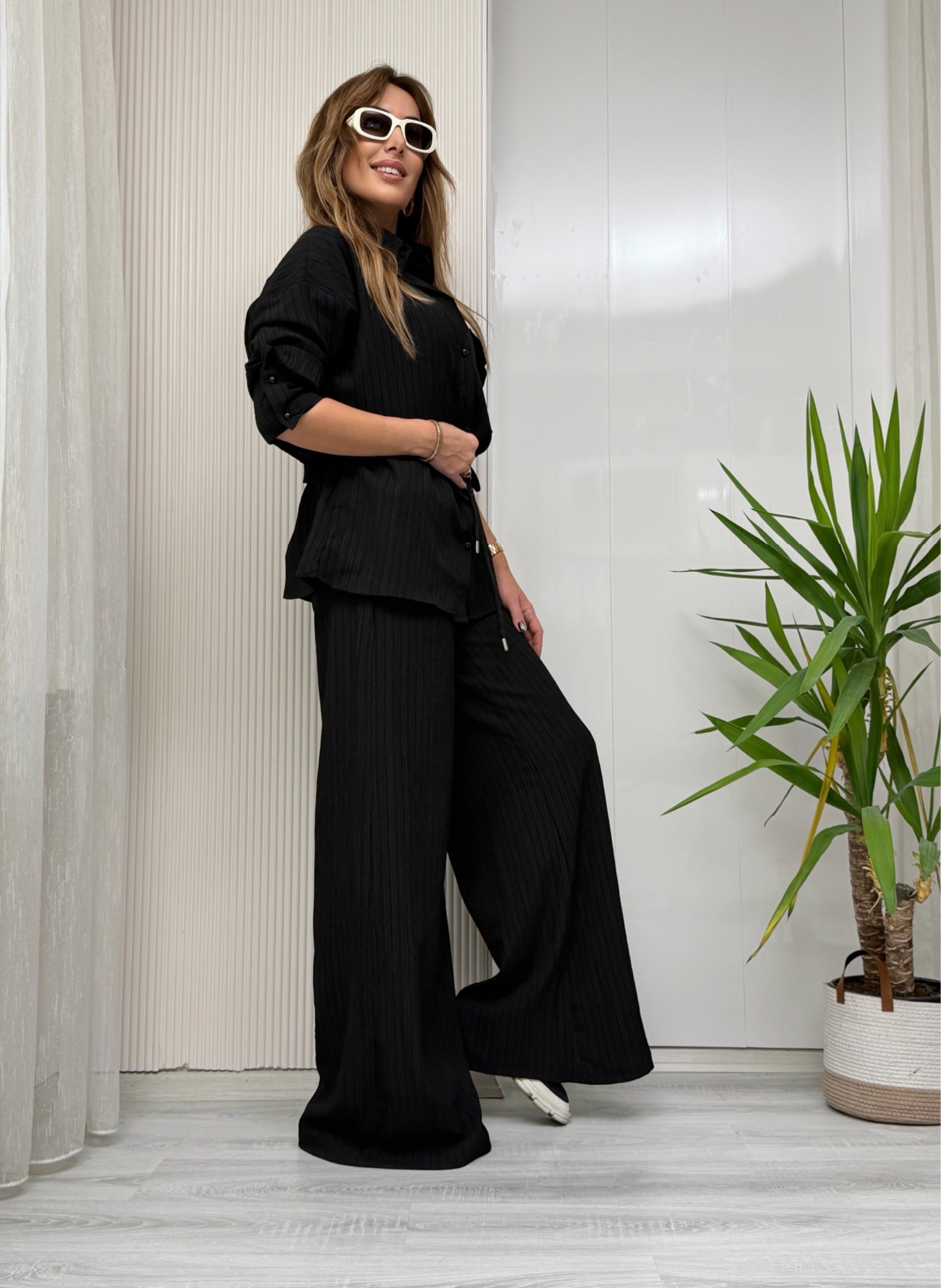 MODAYBUTİKSiyah Relax Fit Gömlek Pantolon Dokulu Takım