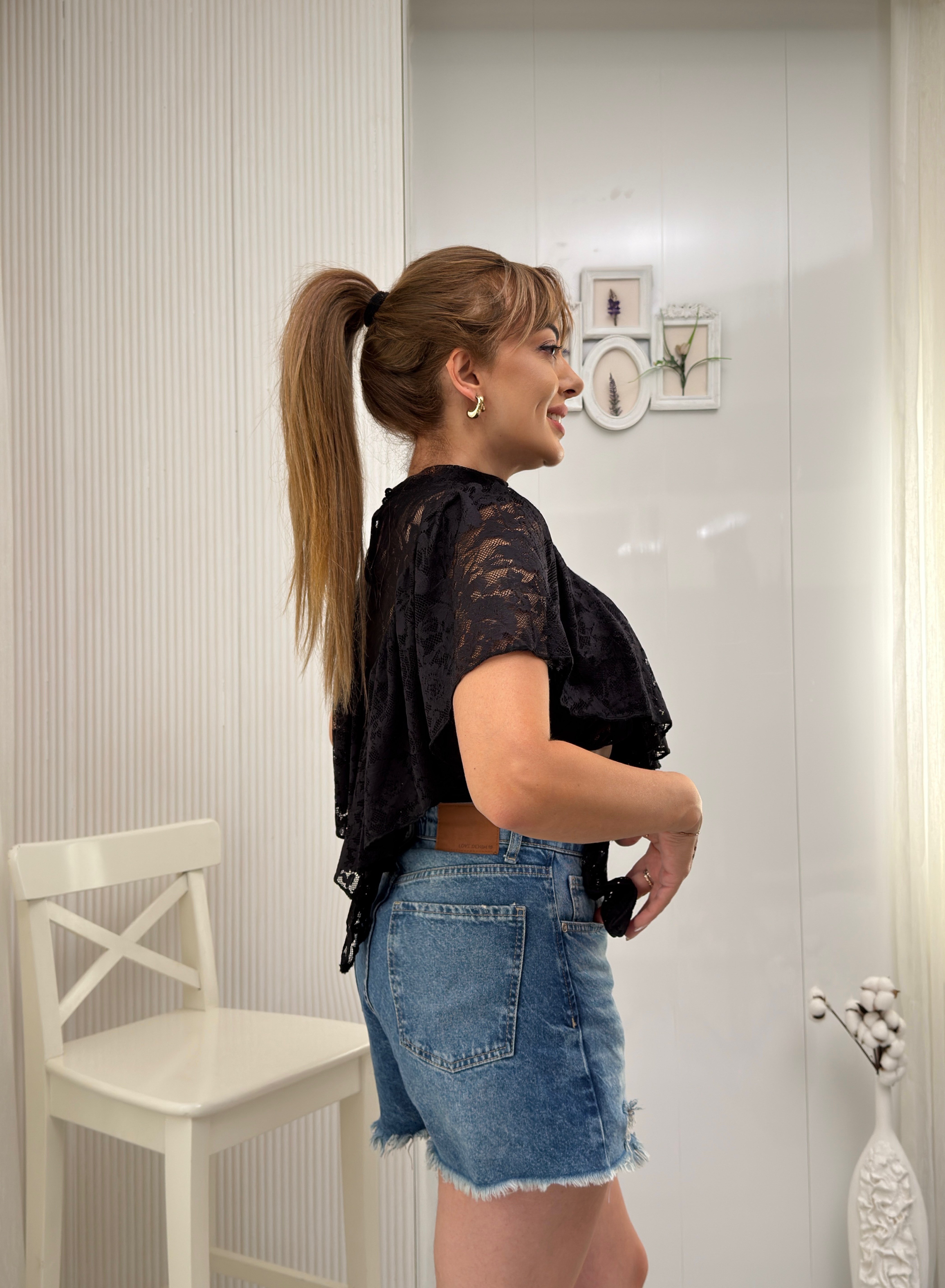MODAYBUTİKSiyah Romantik Dantel Fırfır Detay Bağlamalı Bluz