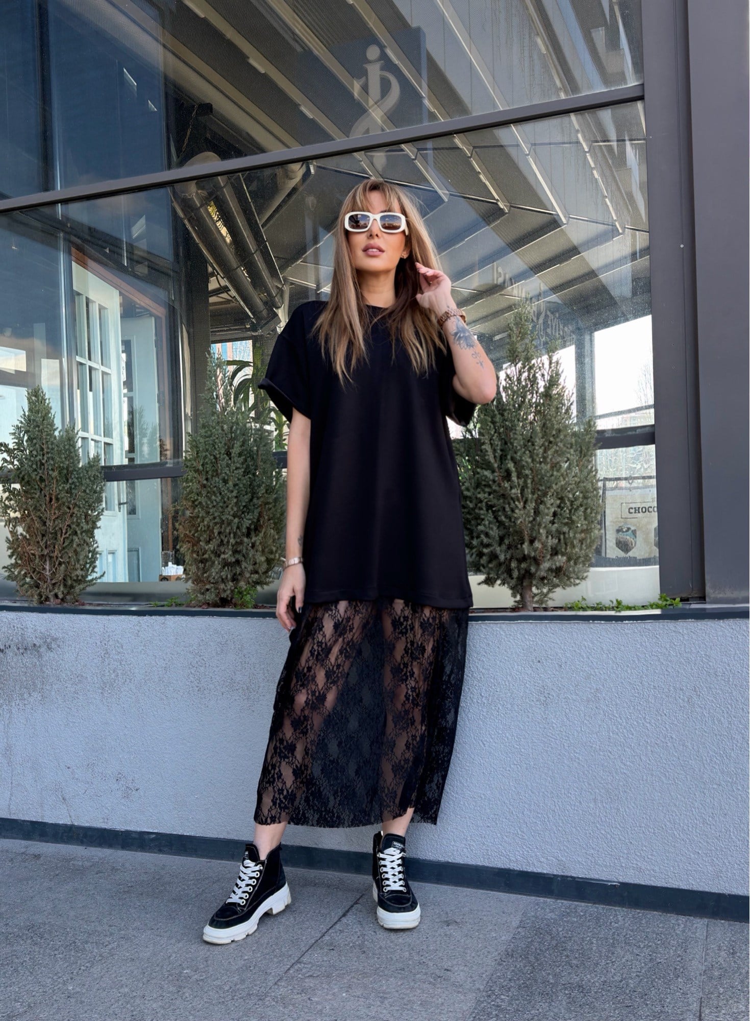 MODAYBUTİKSiyah Tül Detaylı Oversize Elbise