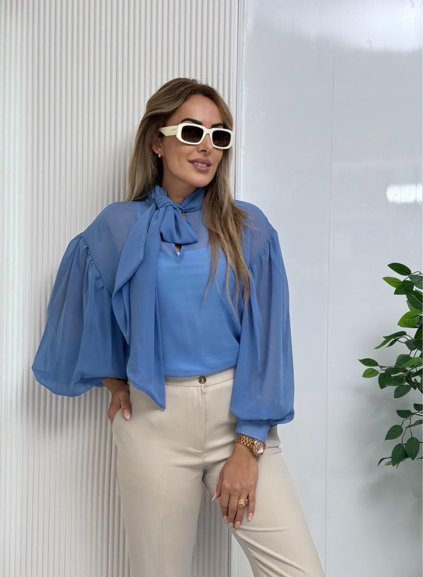 MODAYBUTİKSky Blue Fiyonk Yaka Bluz