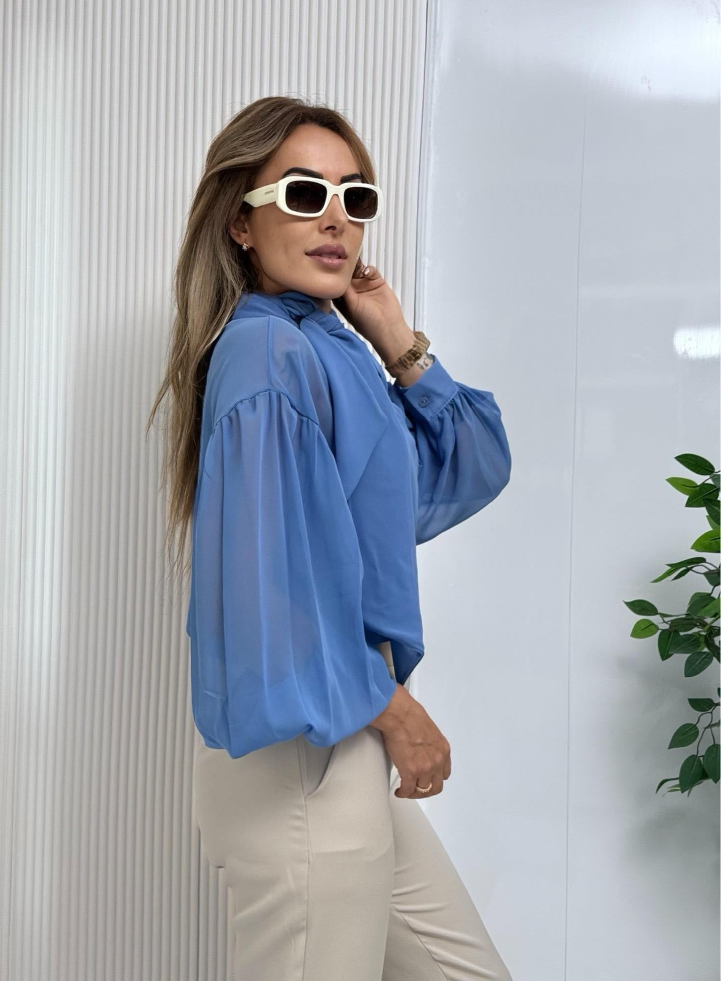MODAYBUTİKSky Blue Fiyonk Yaka Bluz