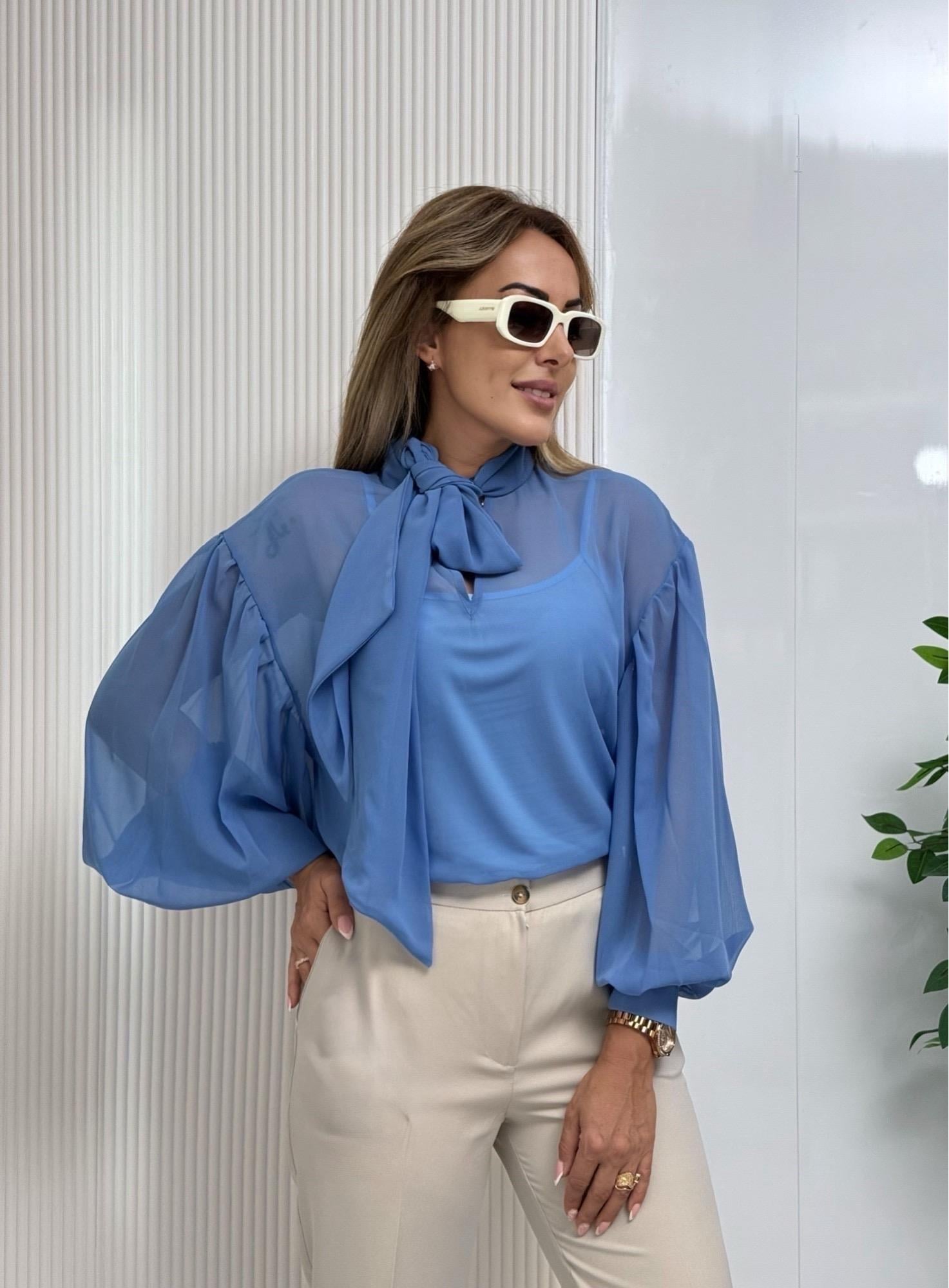 MODAYBUTİKSky Blue Fiyonk Yaka Bluz