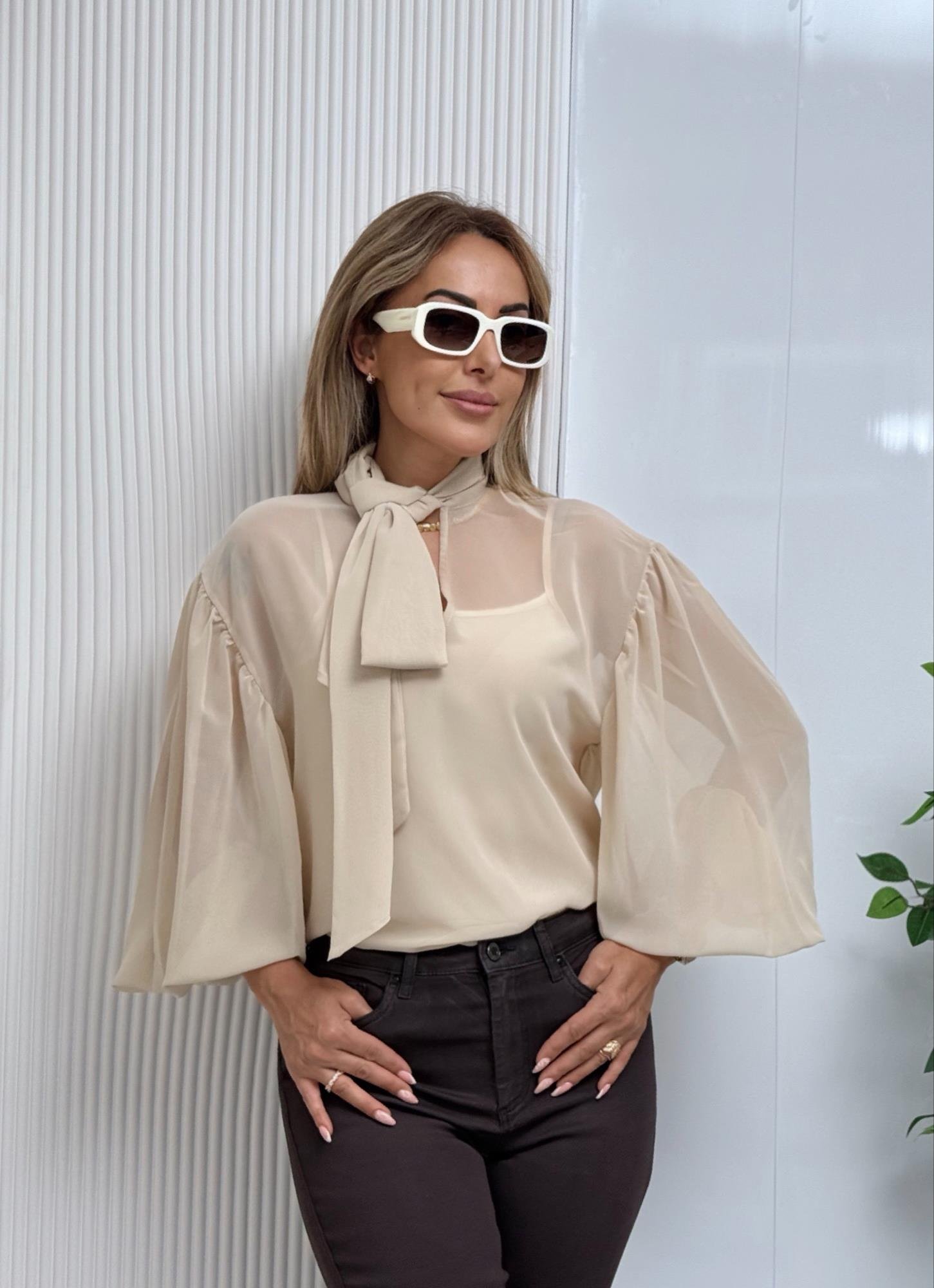 MODAYBUTİKSoft Beige Fiyonk Yaka Bluz