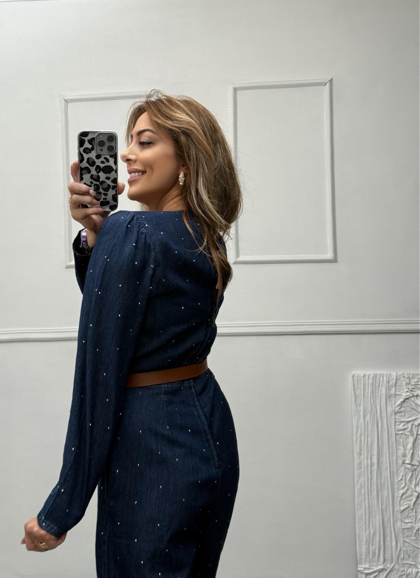 MODAYBUTİKStarline Denim Koyu İndigo Taşlı Tulum 