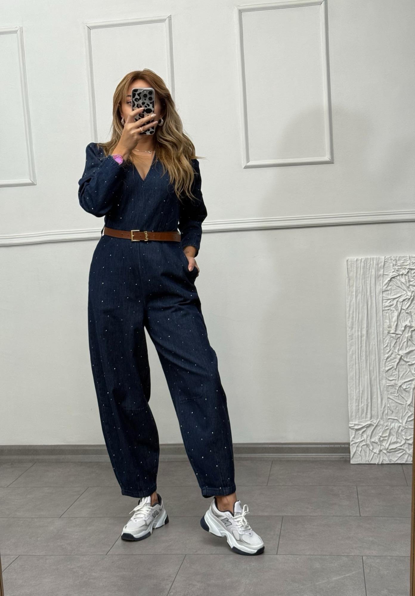 MODAYBUTİKStarline Denim Koyu İndigo Taşlı Tulum 